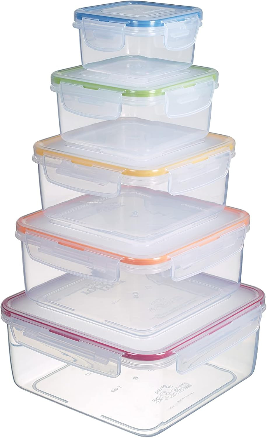 LocknLock PP Klasyczny zestaw słoików do przechowywania żywności 5szt | 180 ml, 350 ml, 600 ml, 870 ml, 3,6 l | 100% powietrze i wodoszczelność | bez BPA | organizer do zamrażarki i lodówki | można myć w zmywarce i kuchence mikrofalowej Pudełka do przechowywania żywności Naty Shop Square 5 szt. (wielokolorowy)