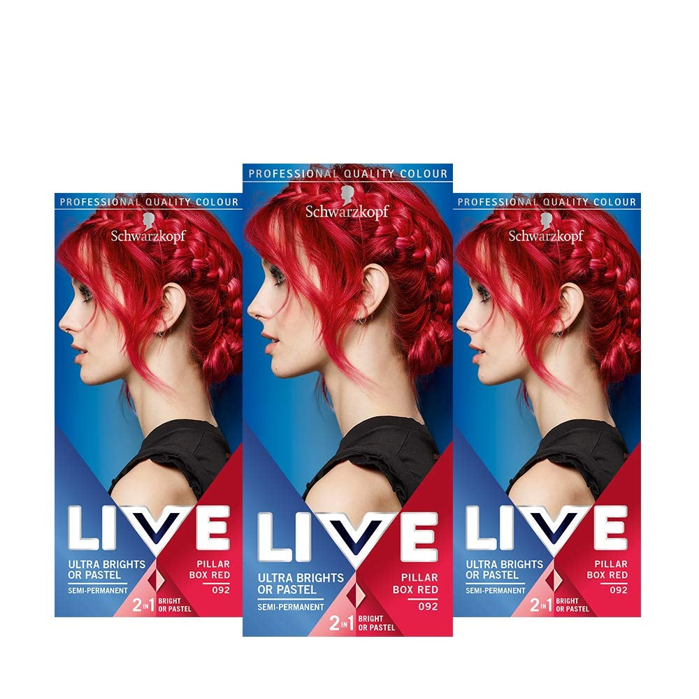 Live Ultra Bright lub Pastel Red Hair Farba 3 szt. Półtrwały kolor utrzymuje się do 15 prań - 092 Pillar Box Red Naty Shop Pillar Box Czerwona farba do włosów 3 opakowania (1 opakowanie)