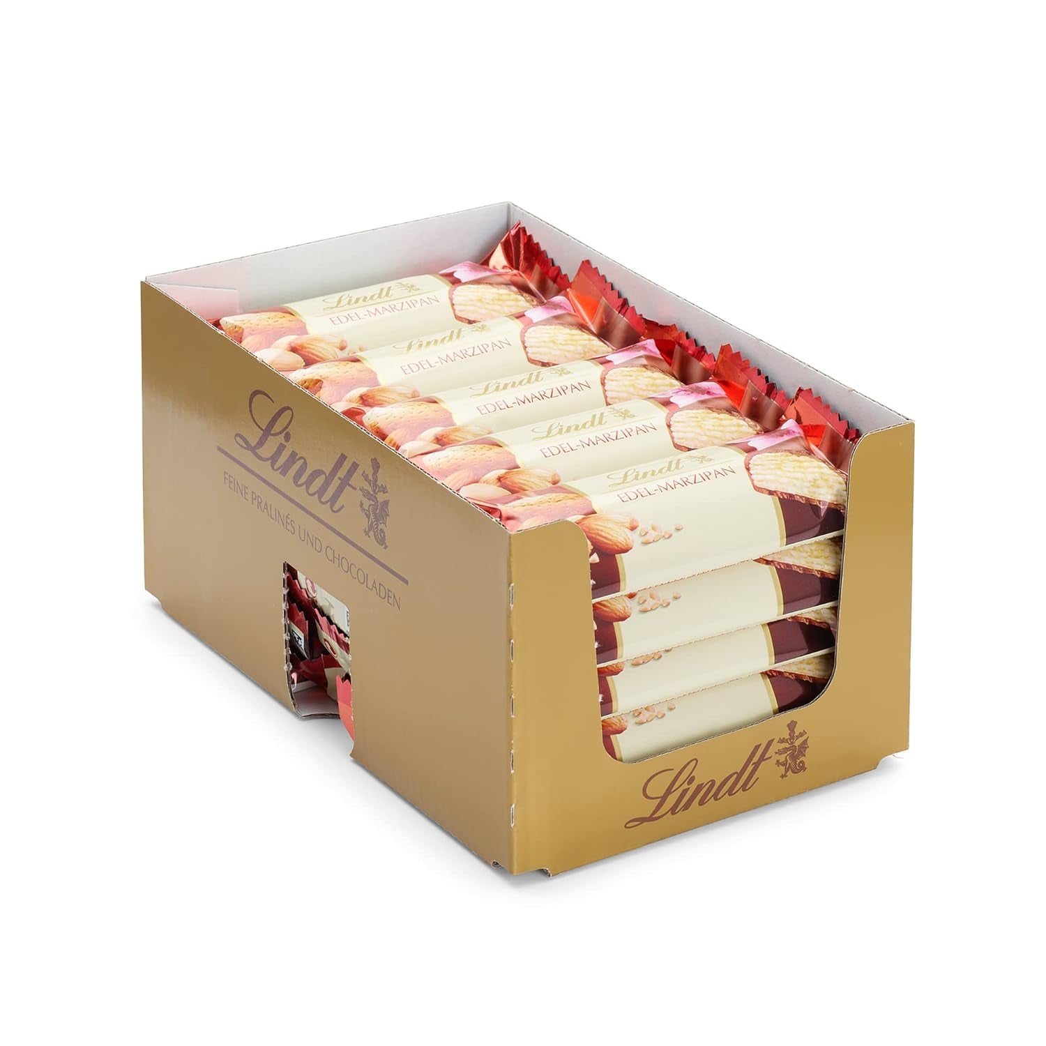 Prezentacja topu czekoladowego Lindor | 1718 g i tabliczki czekolady z marcepanem | 25 batonów x 50g w displayu naladowym | 1250 g | Czysty marcepan oblany ciemną czekoladą | Batony czekoladowe