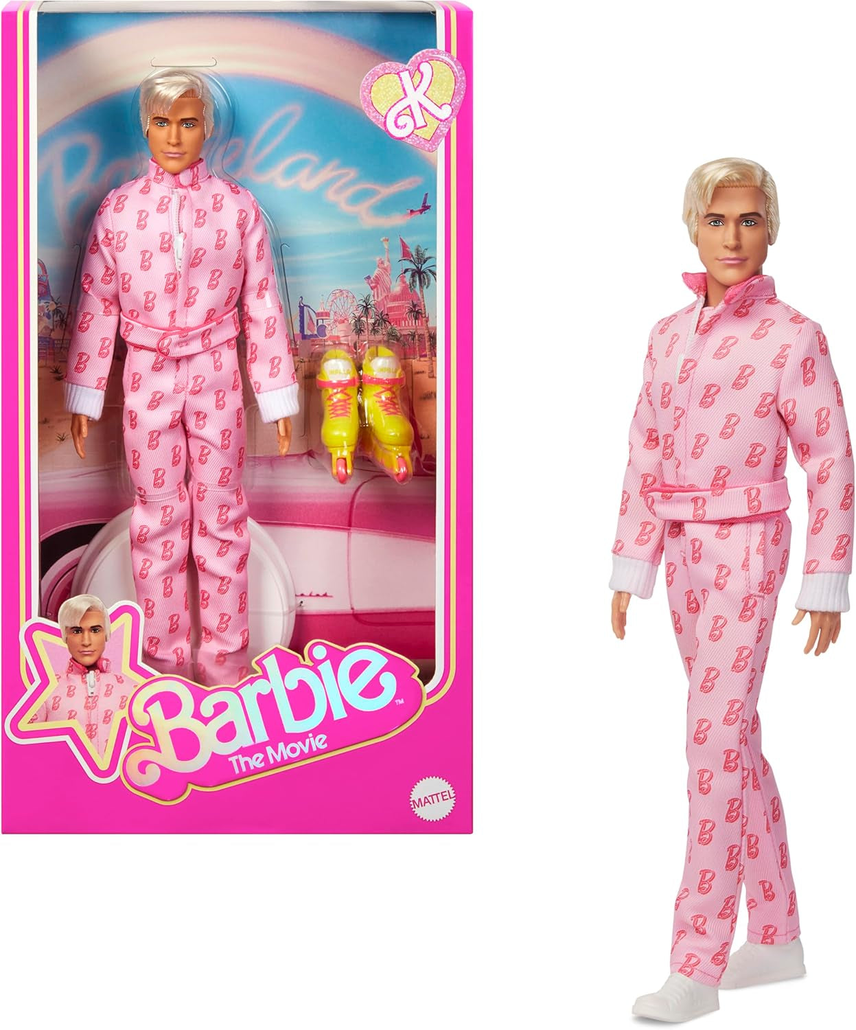 Barbie The Movie - Ken-Sammelpuppe, Ryan Gosling jako Ken w różowym kombinezonie z „B”-Aufdruck, weißen Sneakern i bunten Inlineskates, JCP80