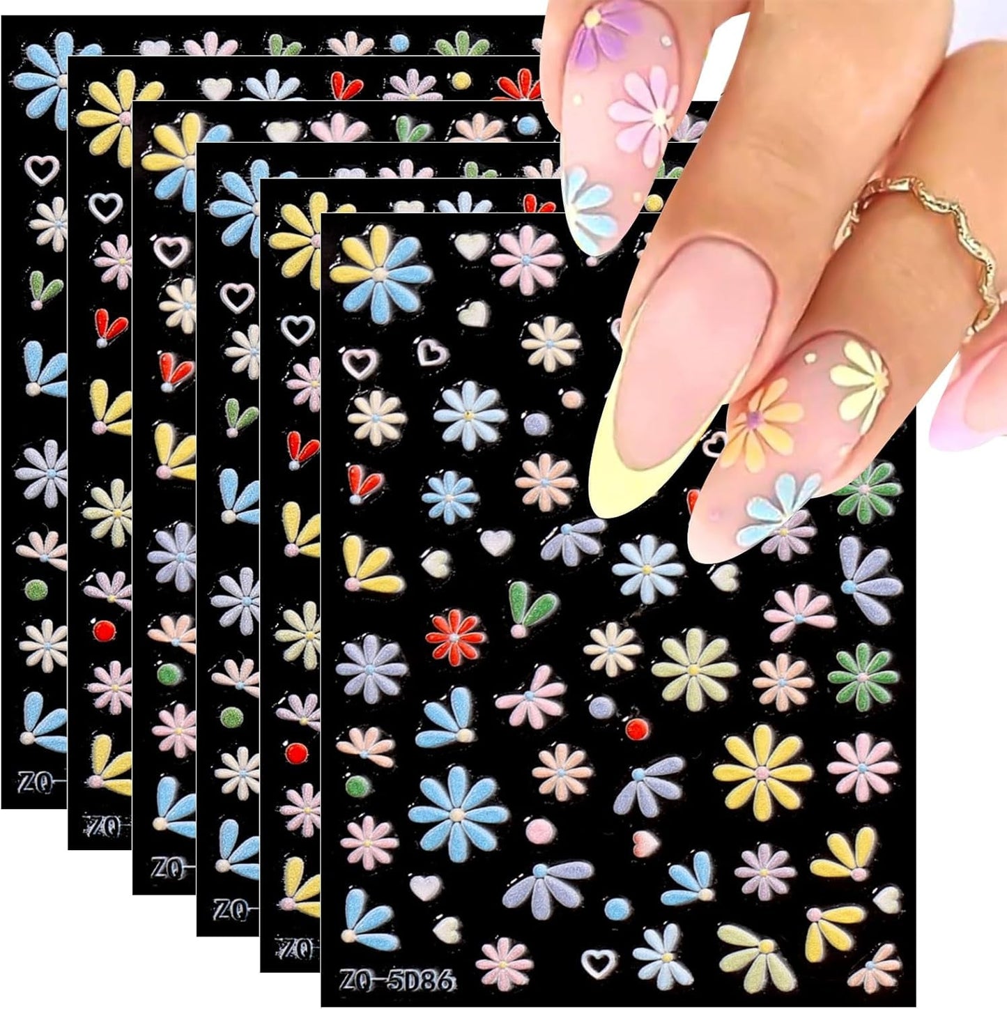 JMEOWIO 3D Nagelsticker Frühling Blumen 5 Blatt Nagelaufkleber 5D Stereoskopisch Selbstklebend Bunte Blüte Nail Art Naklejka Dekoracja Nageldesign Zubehör