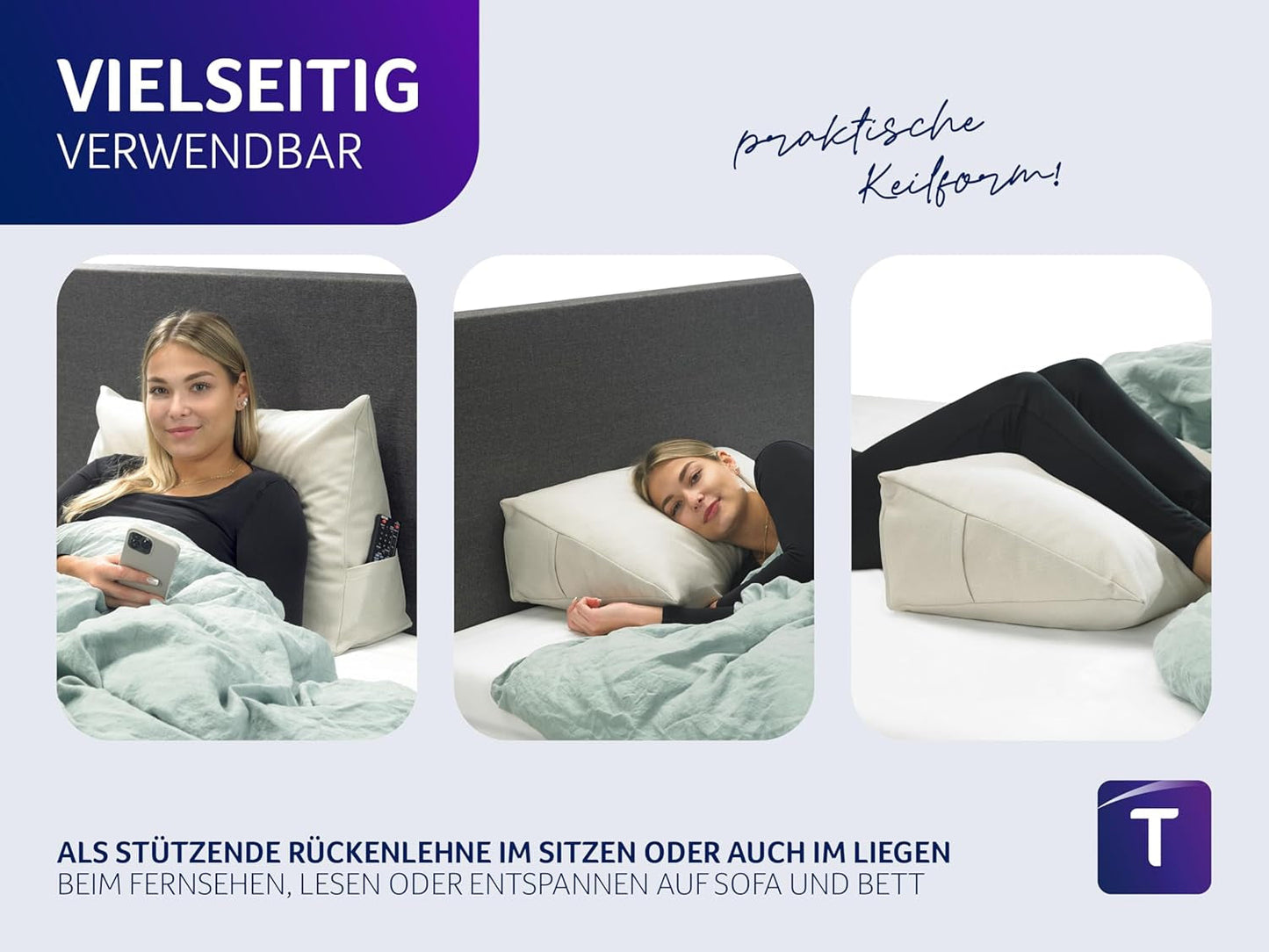 Poduszka Traumnacht Cozy Back, poduszka do czytania, 70 x 40 cm beżowa, zdejmowany i nadający się do prania poszewka wykonana w 100% z poliestru, praktyczna kieszeń boczna, certyfikat Oeko-Tex, wyprodukowana zgodnie z niemieckimi standardami jakości
