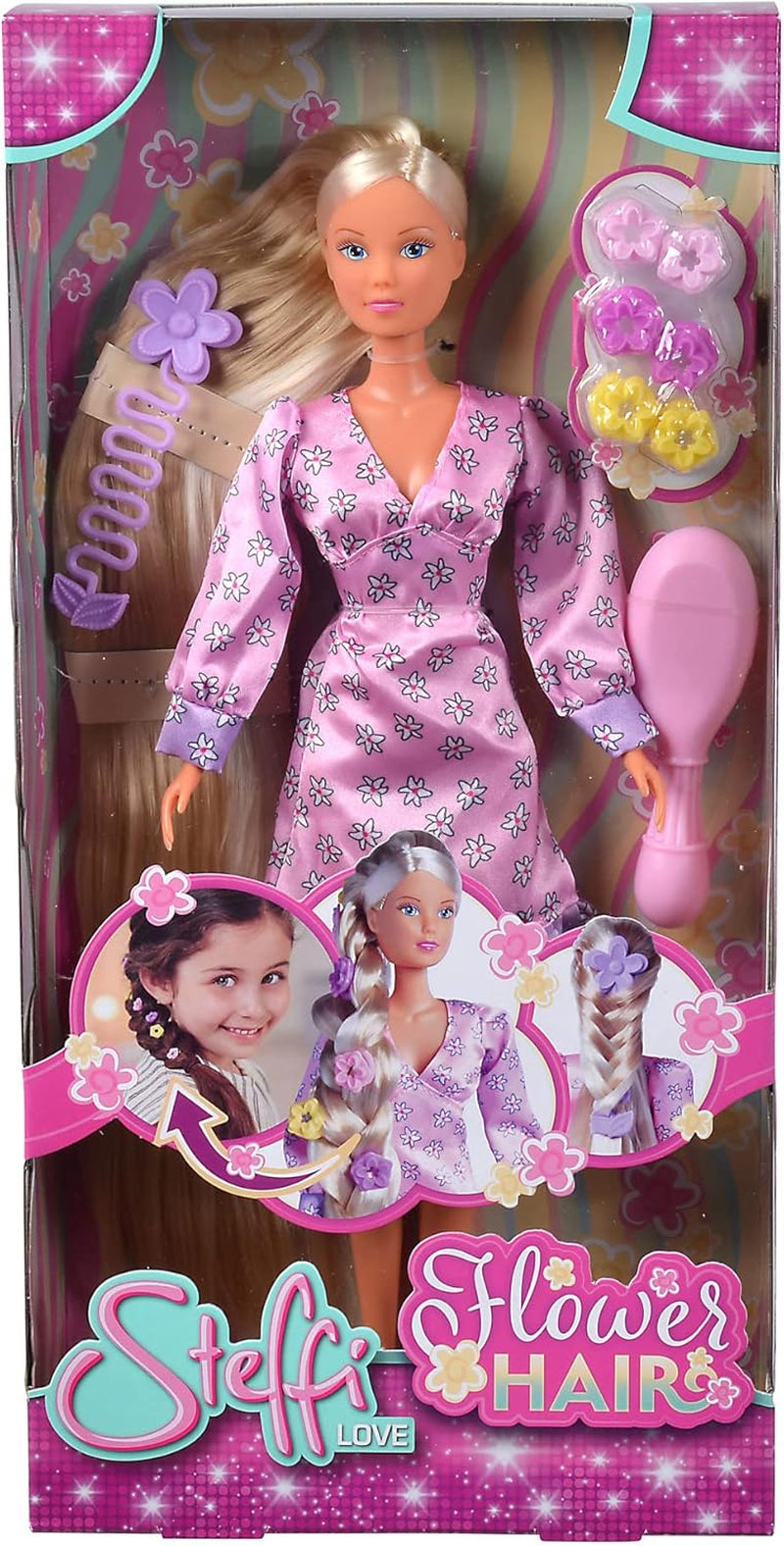 Simba 105733640 - Steffi Love Flower Hair, lalka z bardzo długimi włosami, zawiera 6 spinek, warkocz i grzebień, 29 cm, wiek 3+
