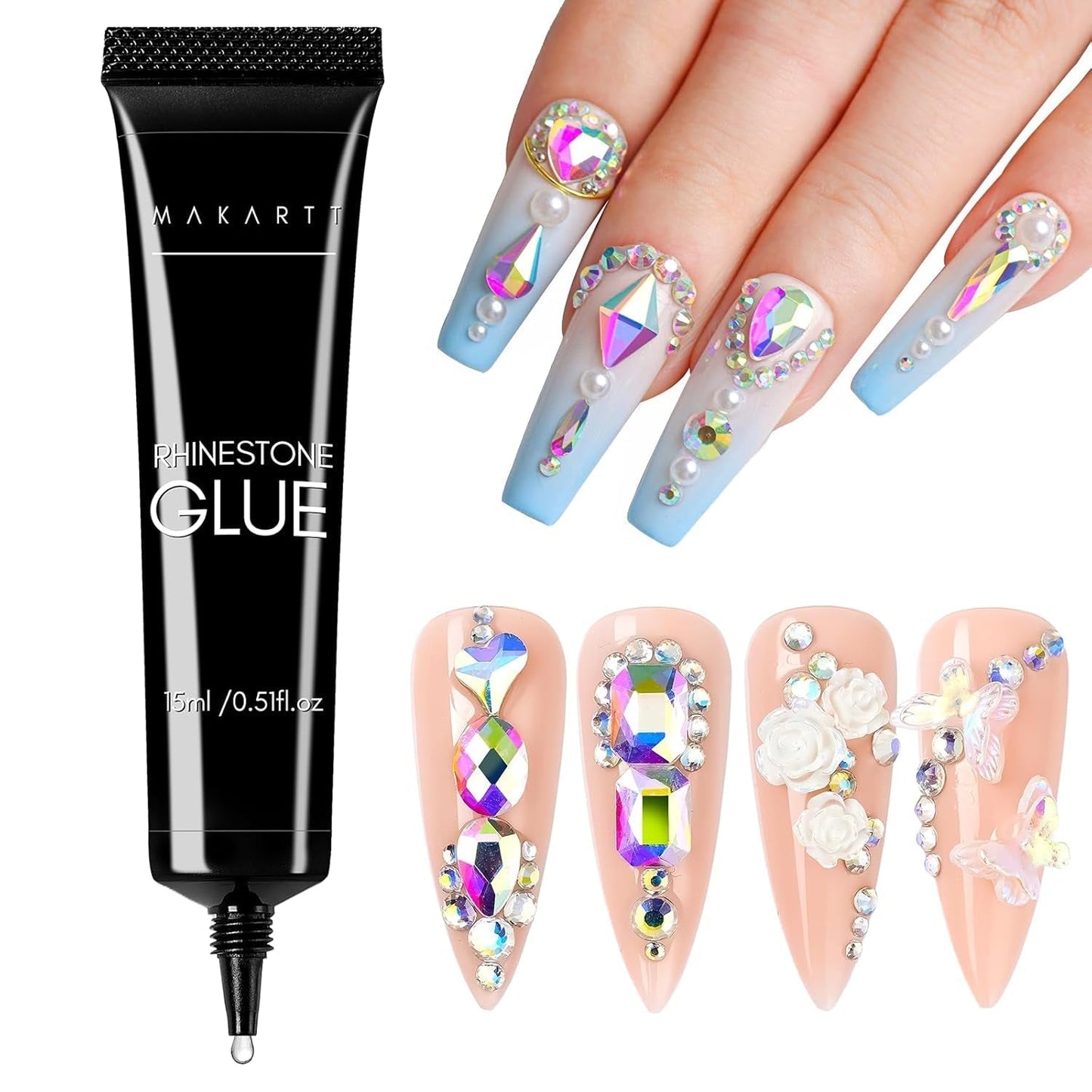 Makartt Żel samoprzylepny Rhinestone - 15 ml Zestaw klejów do paznokci UV z różowymi zawieszkami do paznokci Serce Koło Biżuteria do paznokci i akcesoria do projektowania paznokci do domowego manicure Prezent na Walentynki