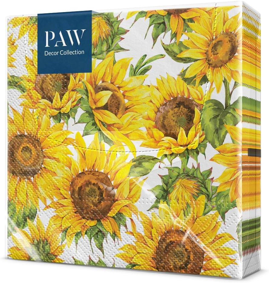 PAW - Serwetki 3-warstwowe (33 x 33 cm) I 20 sztuk I Idealne na urodziny, przyjęcia, randki I Jesienne dekoracje stołu I Kolorowe serwetki papierowe - Słonecznik Żółte płatki I Tańczący słonecznik