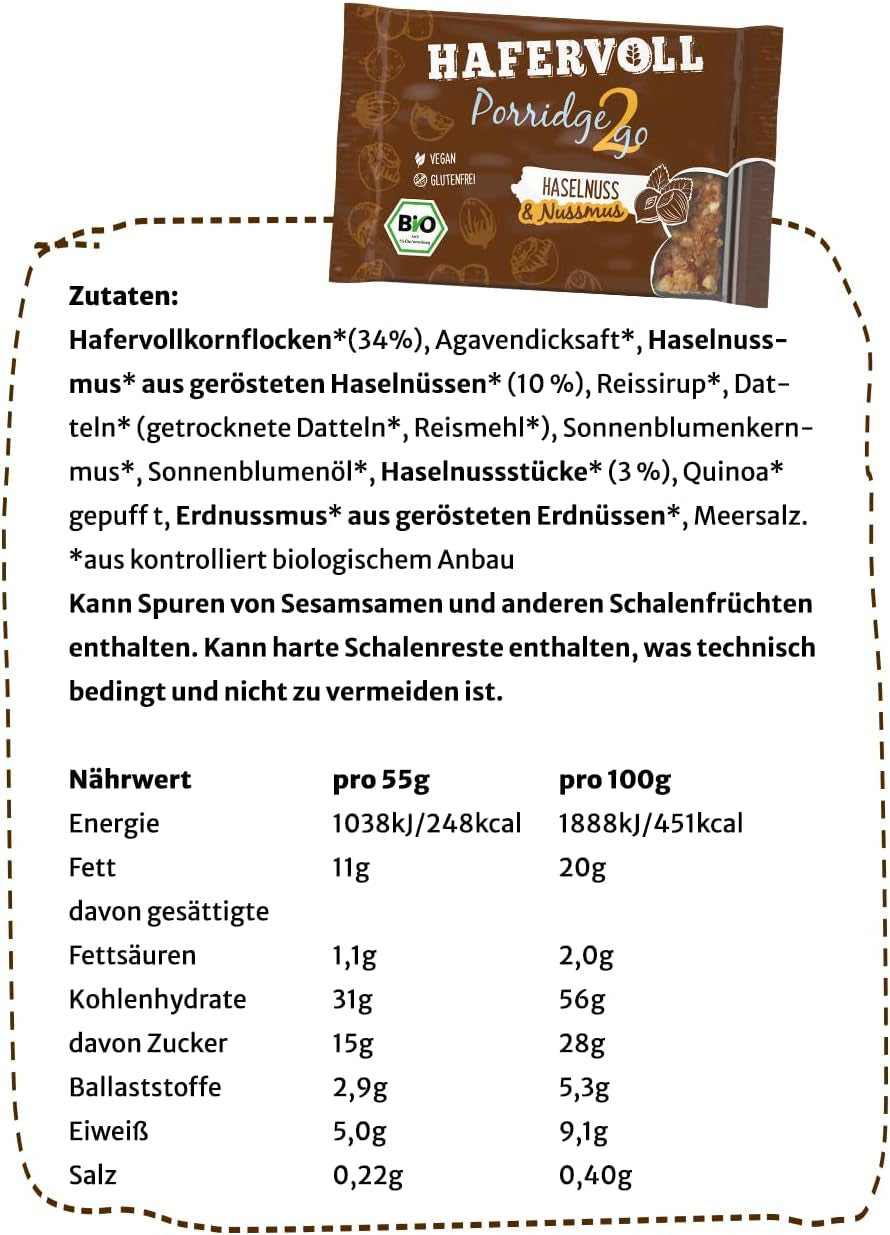 Hafervoll Porridge2go Masło orzechowe i orzechy, 13 batonów x 55 g - wegańska, organiczna, bezglutenowa, bez dodatku cukru przekąska, z owsem, daktylami i cukierkami Quinoa