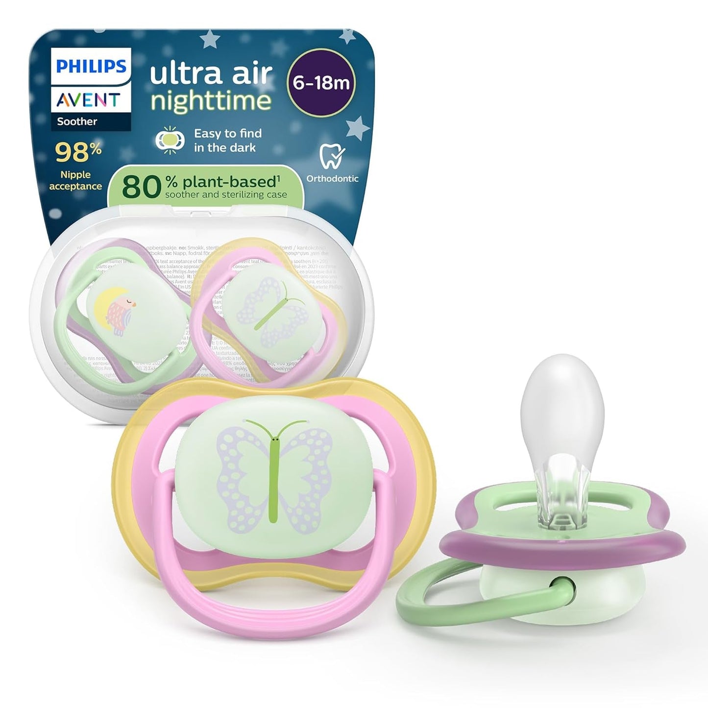Smoczki Philips AVENT ultra air — zestaw 4 oddychających smoczków niezawierających BPA dla dzieci w wieku 6–18 miesięcy, w tym etui do przenoszenia i sterylizacja, wzór żółwia/wieloryba (model SCF085/66)
