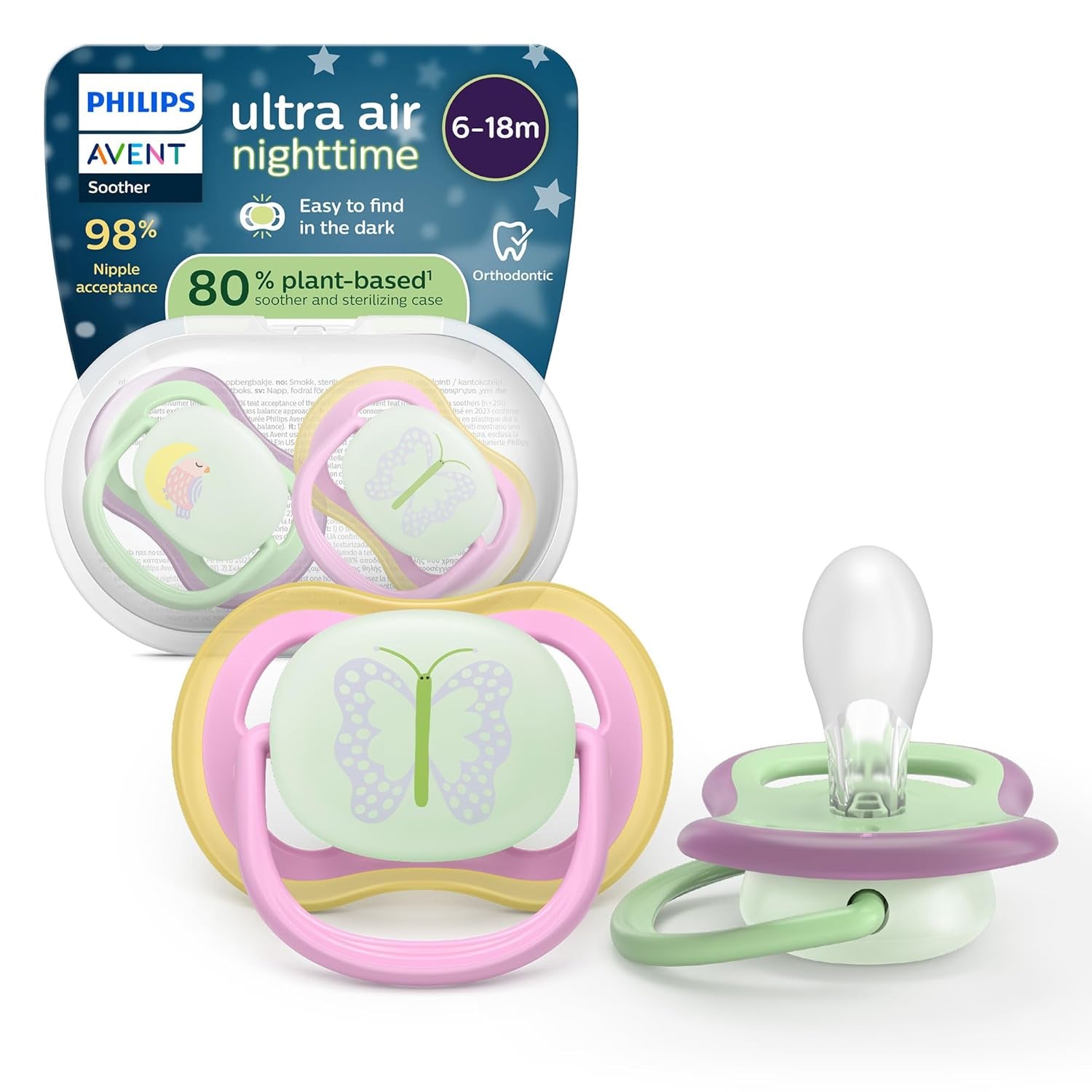 Smoczki Philips AVENT ultra air — zestaw 4 oddychających smoczków niezawierających BPA dla dzieci w wieku 6–18 miesięcy, w tym etui do przenoszenia i sterylizacja, wzór żółwia/wieloryba (model SCF085/66)