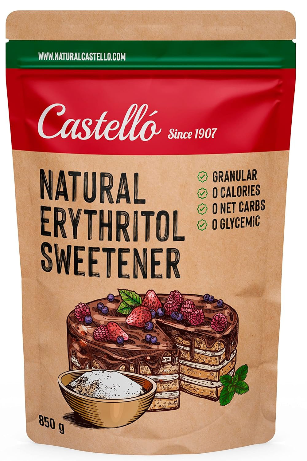 Natürliches Erythrit - Kristallzucker | 10G = 7G Zucker | Natürlicher Zuckerersatz - 0 Kalorien - 0 Glykämischer Index - Keto Und Paleo - 0 Netto-Kohlenhydrat - Kein GVO - Castello od 1907-1Kg Słodziki Naty Shop 850 G (opakowanie 1Er)