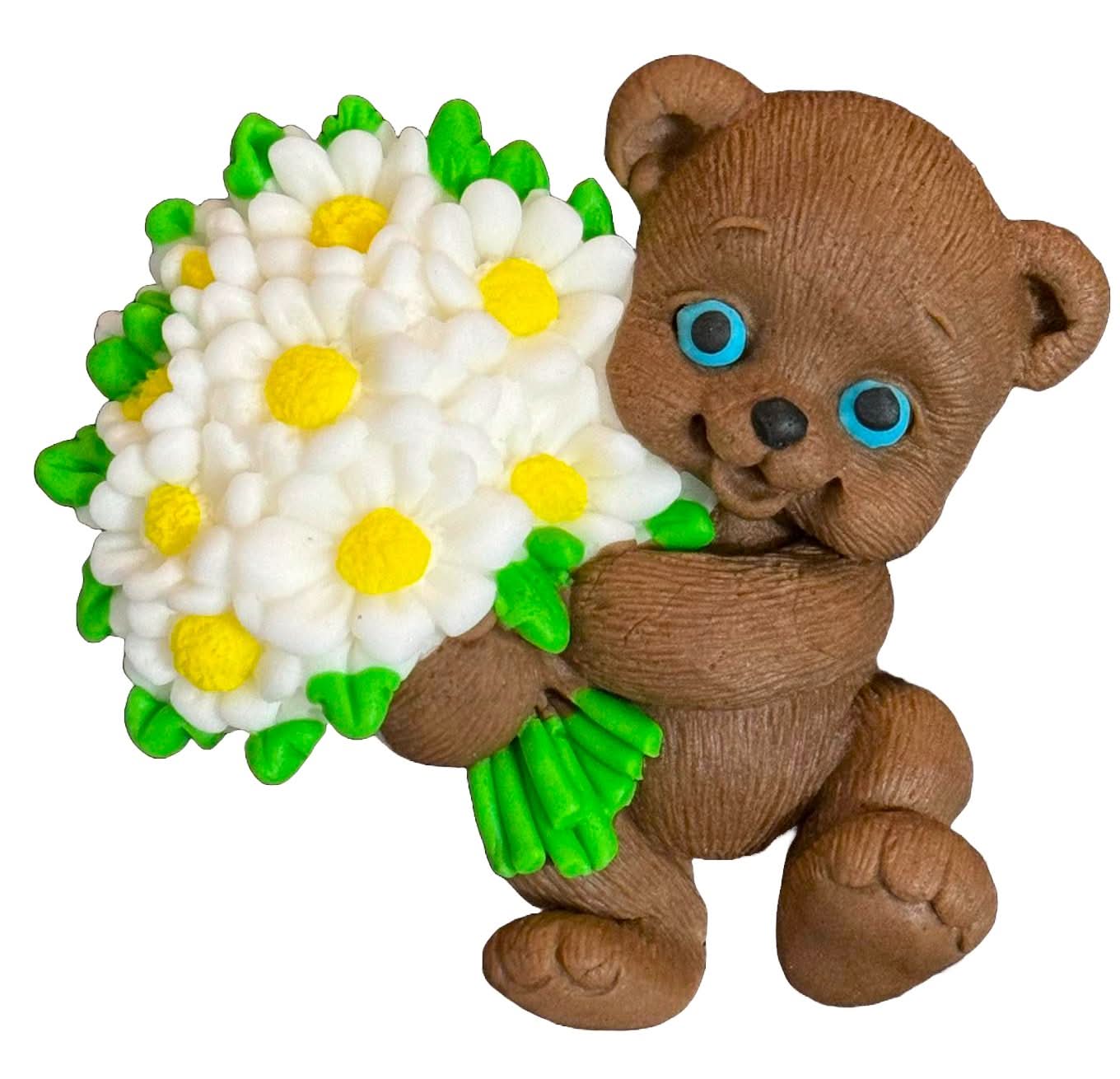 Jadalna dekoracja cukrowa, miś z bukietem kwiatów. Ozdoby ze sklepu Sugar Paste Nati