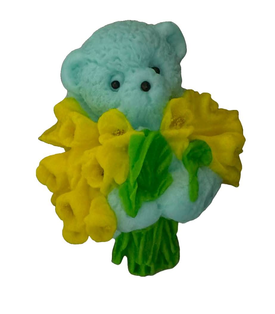 Jadalna dekoracja cukrowa, Miś z bukietem tulipanów. Ozdoby ze sklepu Sugar Paste Nati