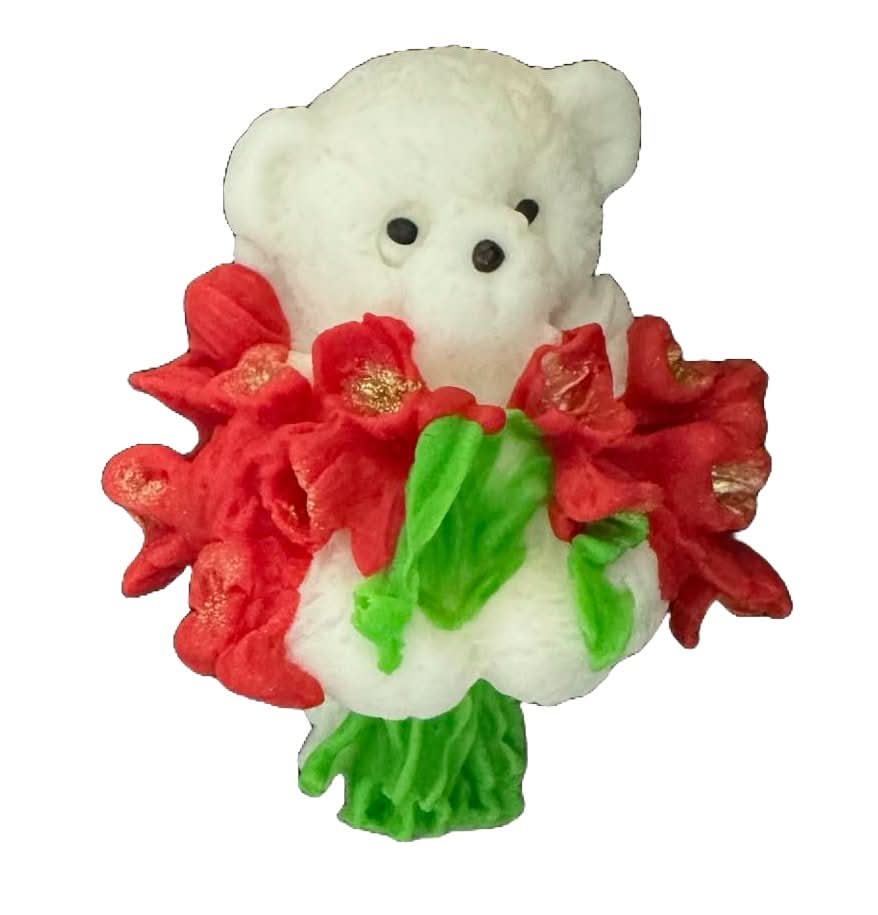 Jadalna dekoracja cukrowa, Miś z bukietem tulipanów. Ozdoby ze sklepu Sugar Paste Nati