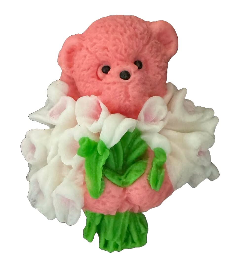 Jadalna dekoracja cukrowa, Miś z bukietem tulipanów. Ozdoby ze sklepu Sugar Paste Nati