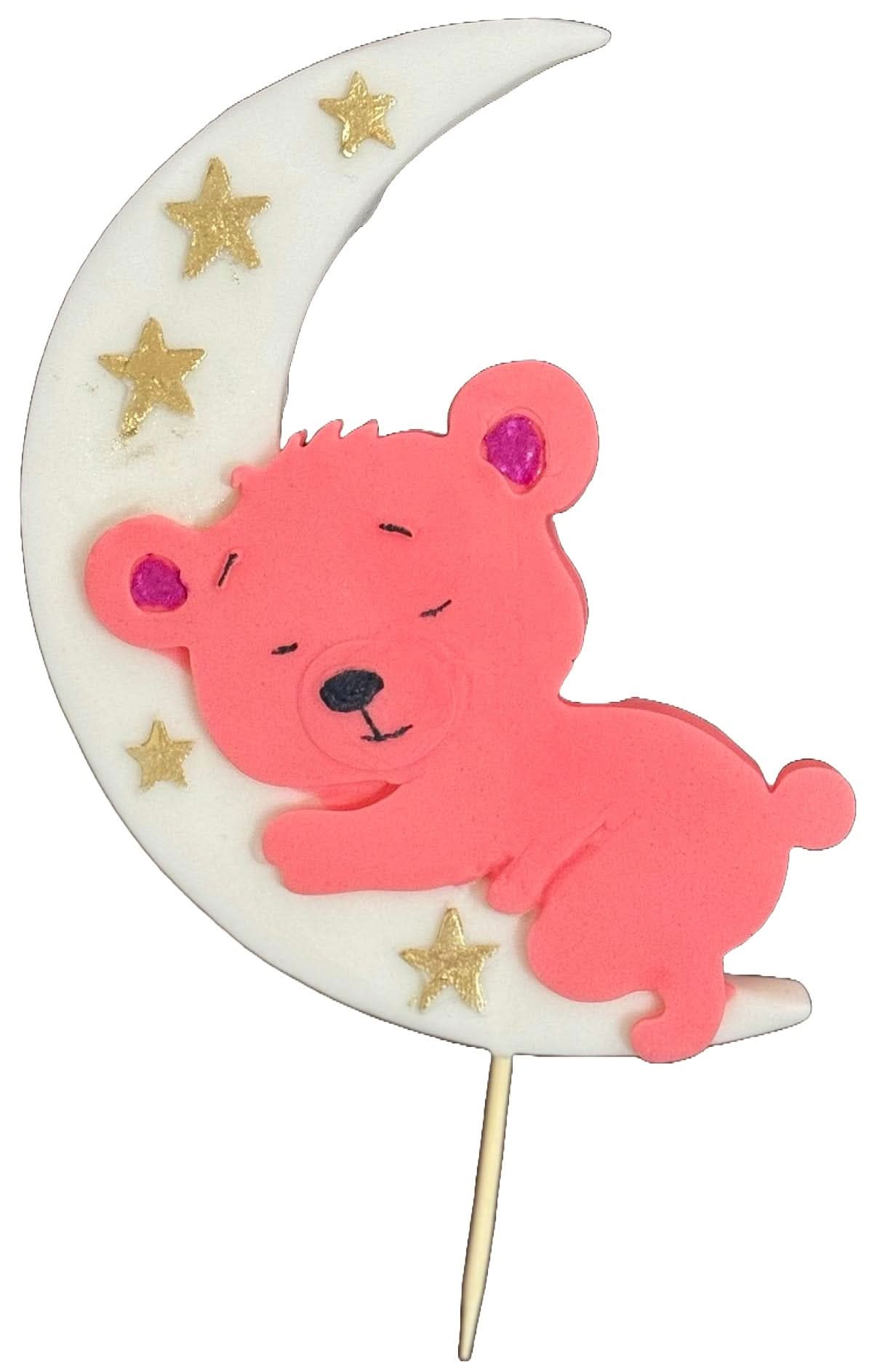 Dekoracja cukrowa jadalna, różowy miś w kształcie księżyca. Ozdoby ze sklepu Sugar Paste Nati