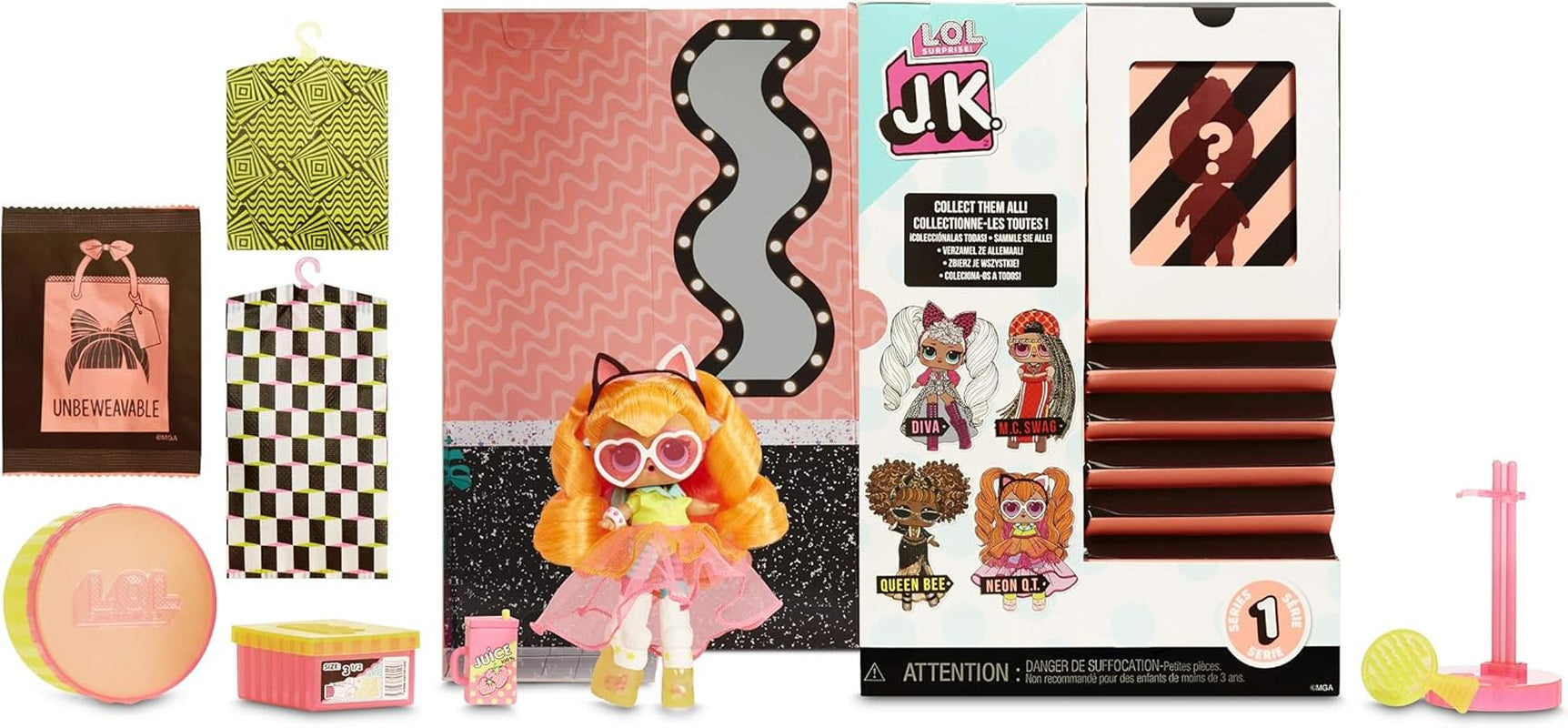 LOL niespodzianka! 570776E7CAZ JK Mini Fashion Doll - 15 niespodzianek, ubrań i akcesoriów - Kolekcje - Neon QT