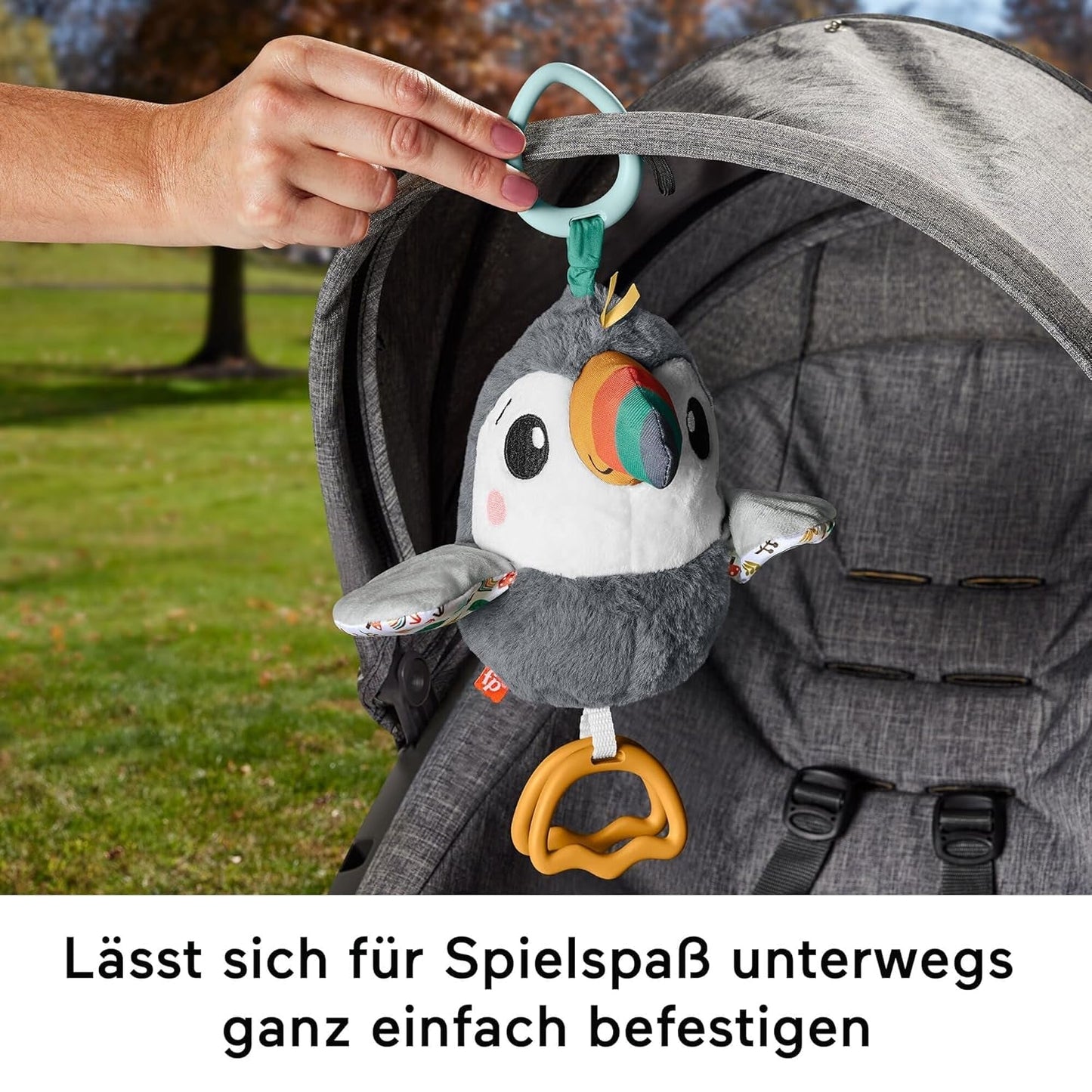 FISHER-PRICE Flap & Go Toucan - pluszowa zabawka do wózka rozwijająca zdolności motoryczne i sensoryczne u noworodków od urodzenia HNX66 Zabawki dla niemowląt Naty Shop