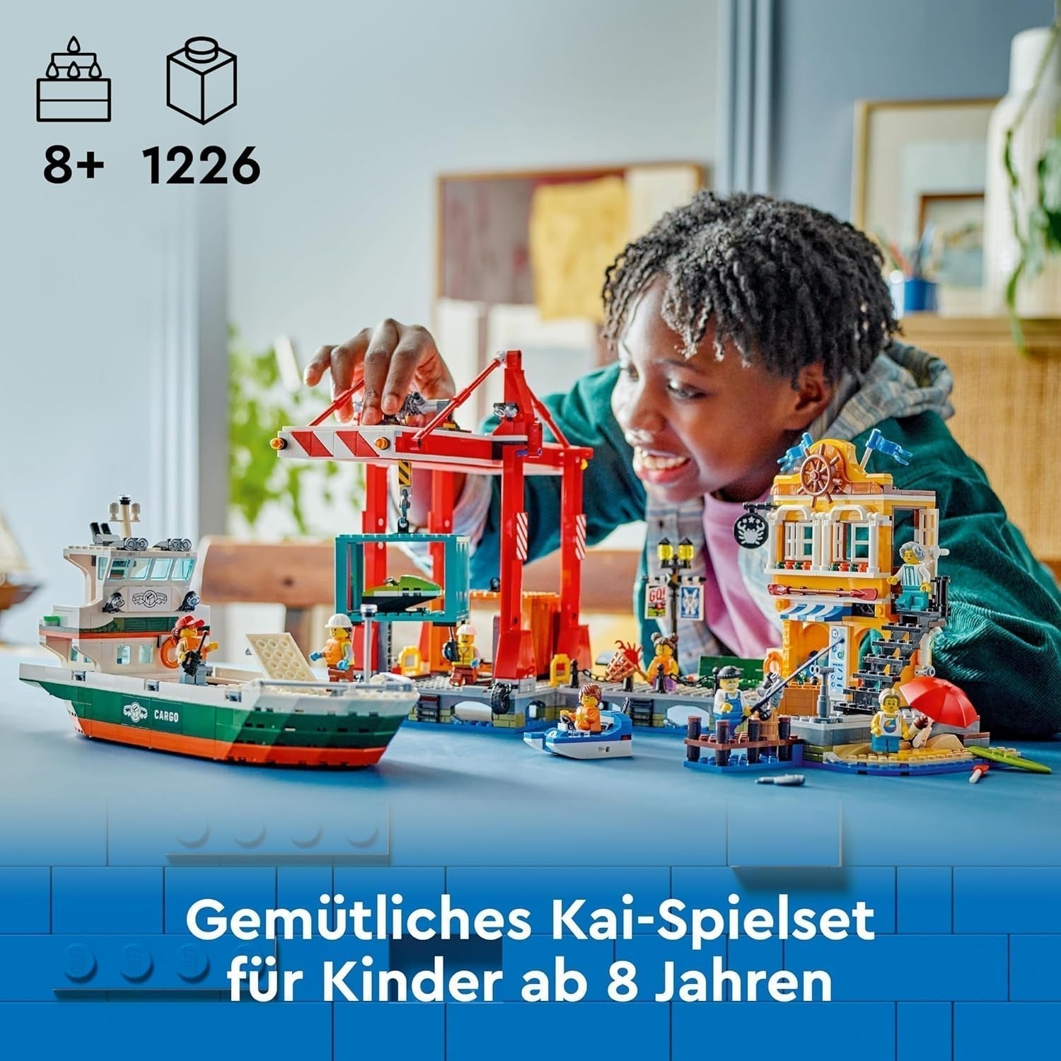 LEGO City port ze statkiem towarowym, zabawka do budowania dla chłopców i dziewcząt od 8 lat, pomysł na prezent dla dzieci, dźwig kontenerowy, zabawkowy statek i 8 minifigurek 60422 Zestawy do budowania Besuche den LEGO-Store