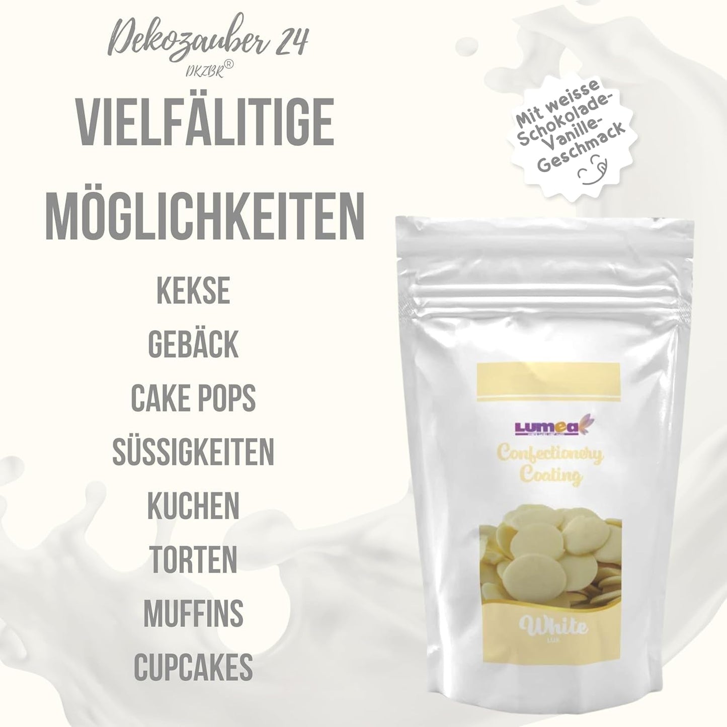 Dekozauber24 krople kuwerturowe, białe, 500g, o smaku białej czekolady i wanilii, chipsy Deco Melts, można używać w kuchence mikrofalowej, do cake pops, ciast, tart, tart, dripu lub lukru Naty Shop Sugarpaste