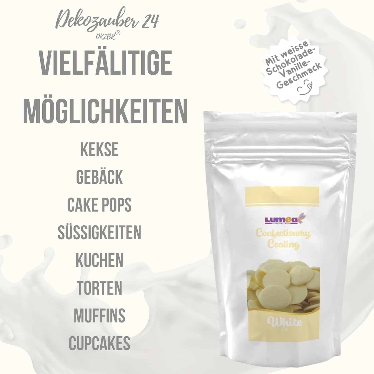 Dekozauber24 krople kuwerturowe, białe, 500g, o smaku białej czekolady i wanilii, chipsy Deco Melts, można używać w kuchence mikrofalowej, do cake pops, ciast, tart, tart, dripu lub lukru Naty Shop Sugarpaste