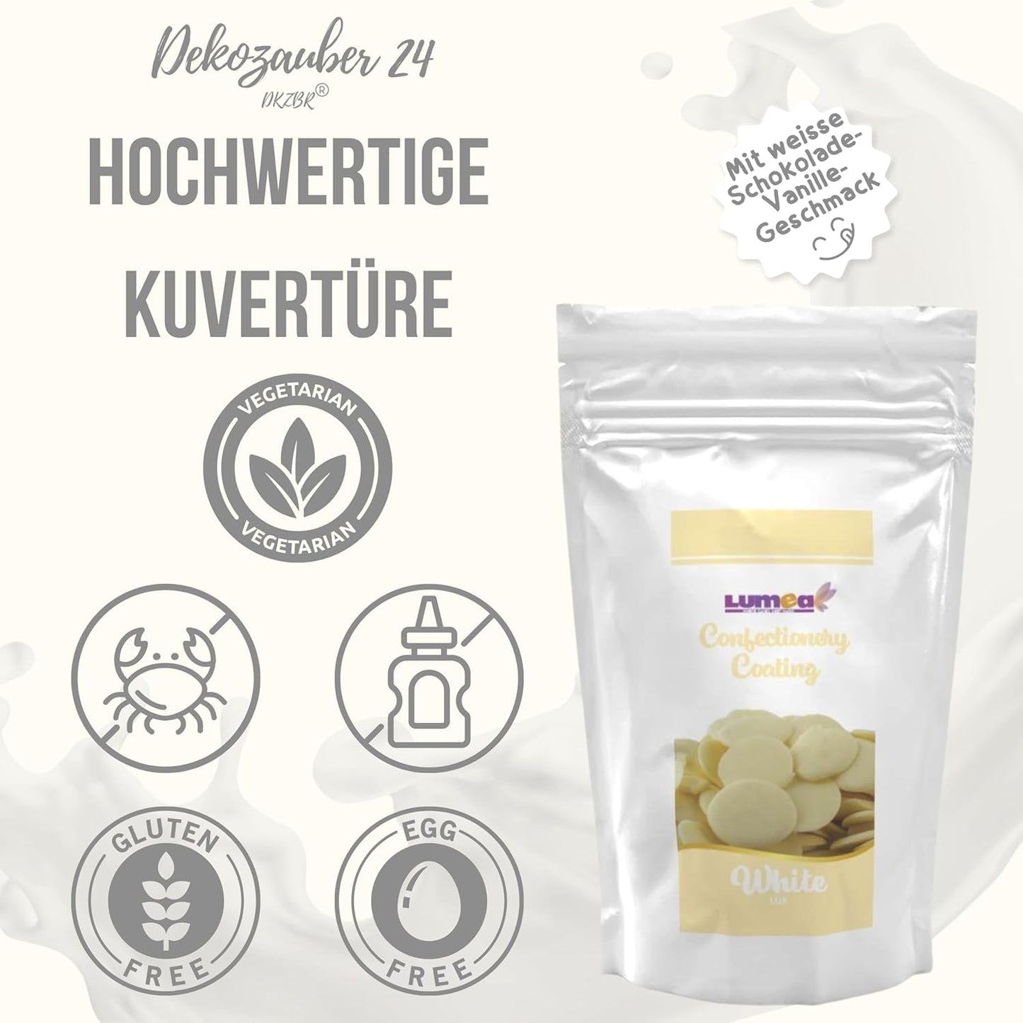 Dekozauber24 krople kuwerturowe, białe, 500g, o smaku białej czekolady i wanilii, chipsy Deco Melts, można używać w kuchence mikrofalowej, do cake pops, ciast, tart, tart, dripu lub lukru Naty Shop Sugarpaste
