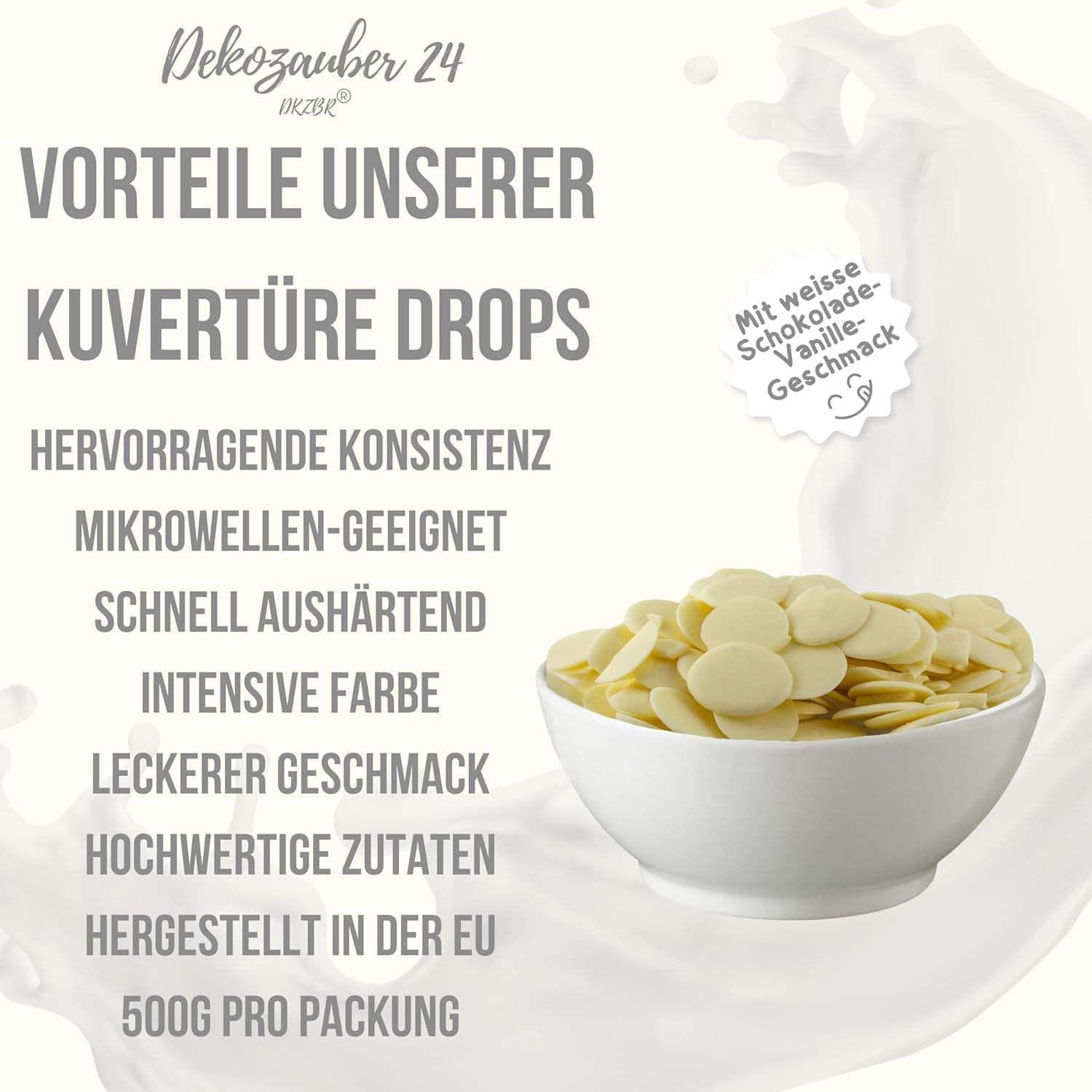 Dekozauber24 krople kuwerturowe, białe, 500g, o smaku białej czekolady i wanilii, chipsy Deco Melts, można używać w kuchence mikrofalowej, do cake pops, ciast, tart, tart, dripu lub lukru Naty Shop Sugarpaste