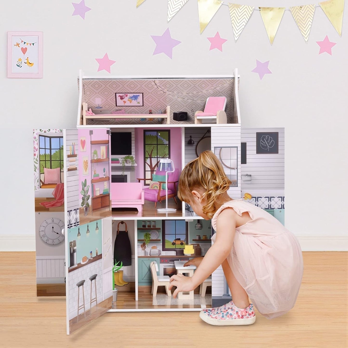 Mały świat Olivii Dreamland Farmhouse Kids Interaktywny drewniany domek dla lalek 3 piętra z 13 akcesoriami meblowymi dla lalek Biały TD-13632A Domki dla lalek Naty Shop