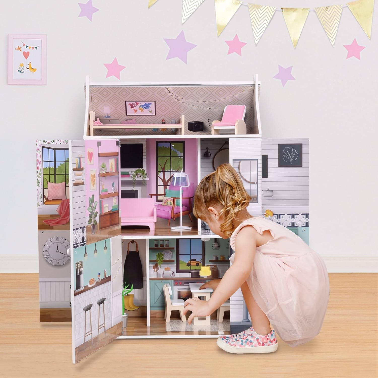 Olivia's Little World Dreamland 3-poziomowy interaktywny drewniany domek dla lalek z 13 akcesoriami meblowymi dla lalek biały TD-13632A