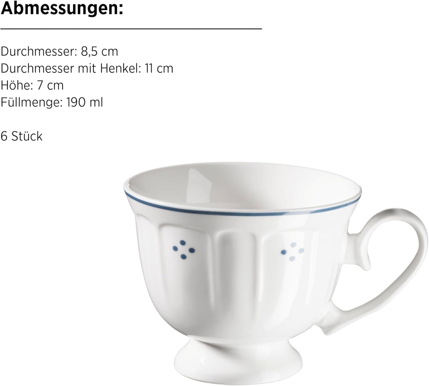 Serwis do kawy porcelanowy Mäser Lova, 18 szt. - 6 talerzy deserowych (19,5 cm), 6 filiżanek (19 cl) i 6 spodków (15,5 cm), niebieski