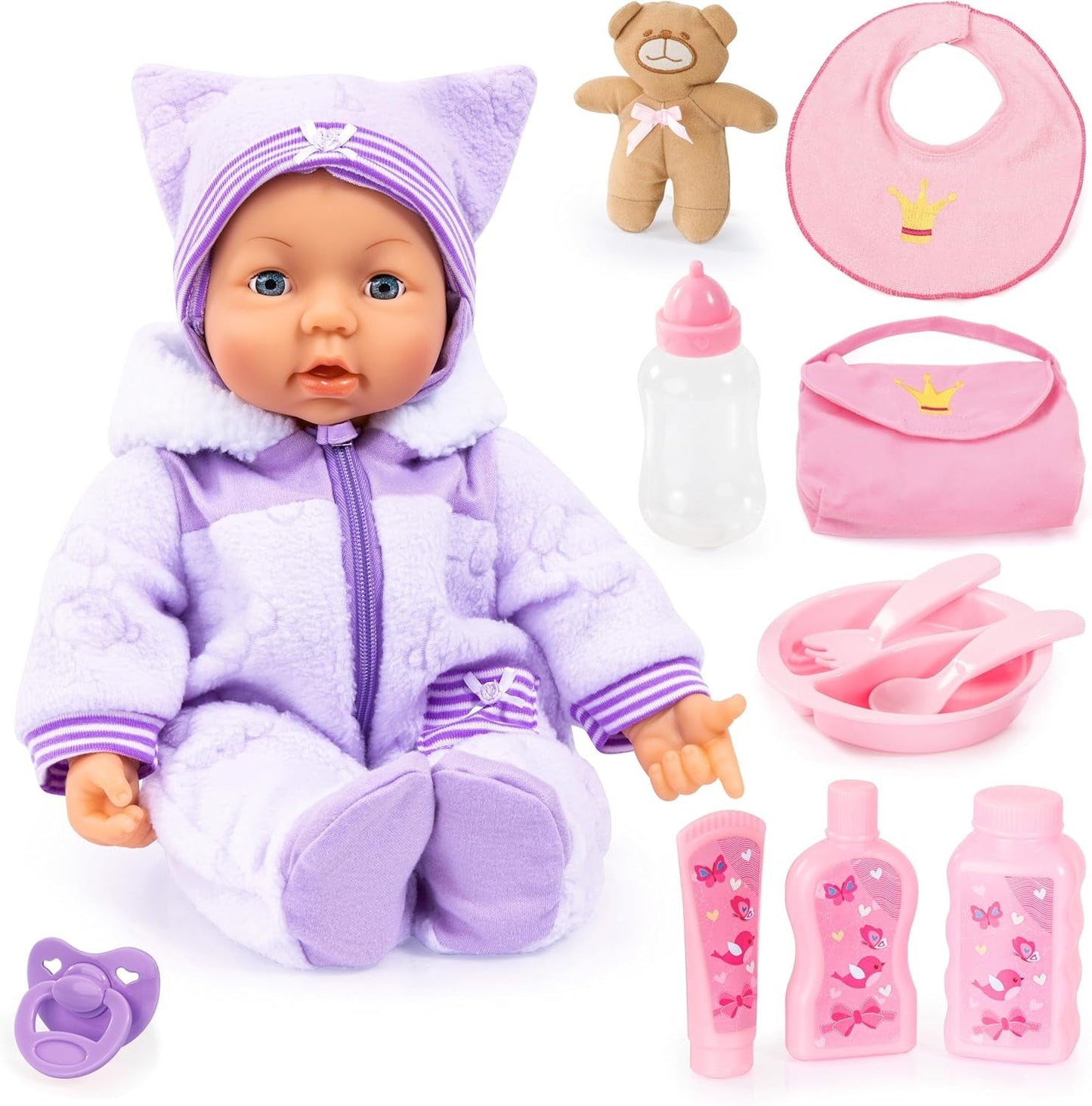 Bayer Design 94694AG 94694AA, lalka funkcjonalna, interaktywna lalka Piccolina Magic Eyes, porusza ustami, mruga i zamyka oczy, mówi, fioletowy, 46 cm