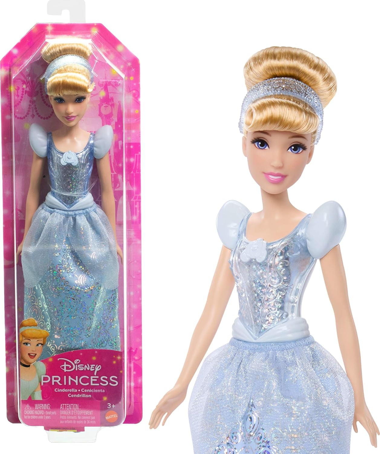 Mattel DISNEY Księżniczka Kopciuszek – przegubowa lalka z błyszczącym strojem, odpinanymi butami i tiarą, czesane włosy do zabawy podczas stylizacji, dla dzieci w wieku od 3 lat, HLW06