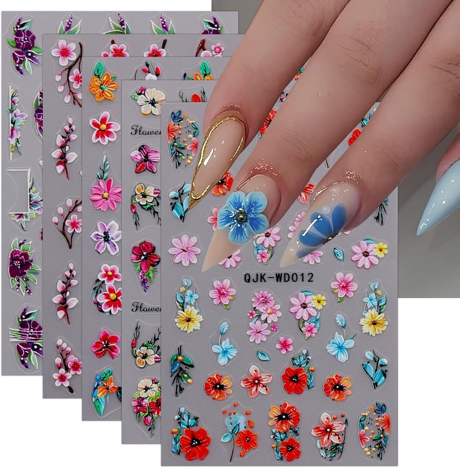 JMEOWIO Nagelsticker Blumen 6 Blatt Nail Art Naklejka Selbstklebend Nagelaufkleber Sommer Blumen Dekoration Nageldesign Zubehör