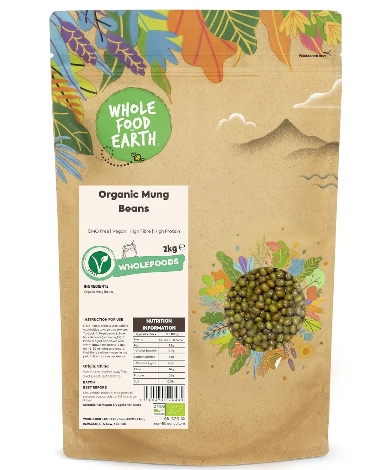 Organiczna fasola mung pełnoziarnista ziemska 2kg | Bez GMO | wegańskie | Bogaty w błonnik | Bogaty w białko | Certyfikowane organiczne