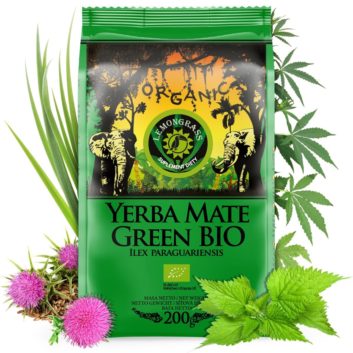 BIO Organiczna herbata Mate ● Herbata Yerba Mate z trawą cytrynową ● 200 g Świeżej brazylijskiej herbaty Mate ● Niepalona, ​​suszona gorącym powietrzem ● Tylko składniki organiczne ● Herbata zielona sypka