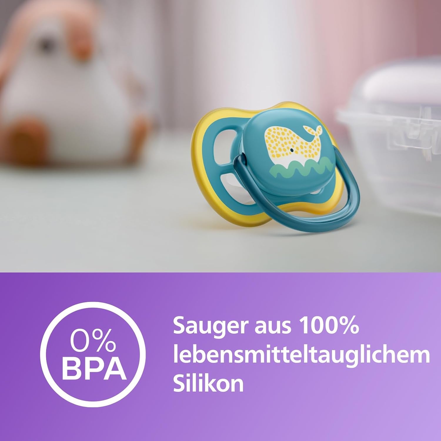 Smoczek Philips Avent Ultra Air – zestaw 2 oddychających smoczków niezawierających BPA dla dzieci od 18 miesiąca życia, zawierający etui i sterylizację, Whale/Whale (Model SCF349/24)