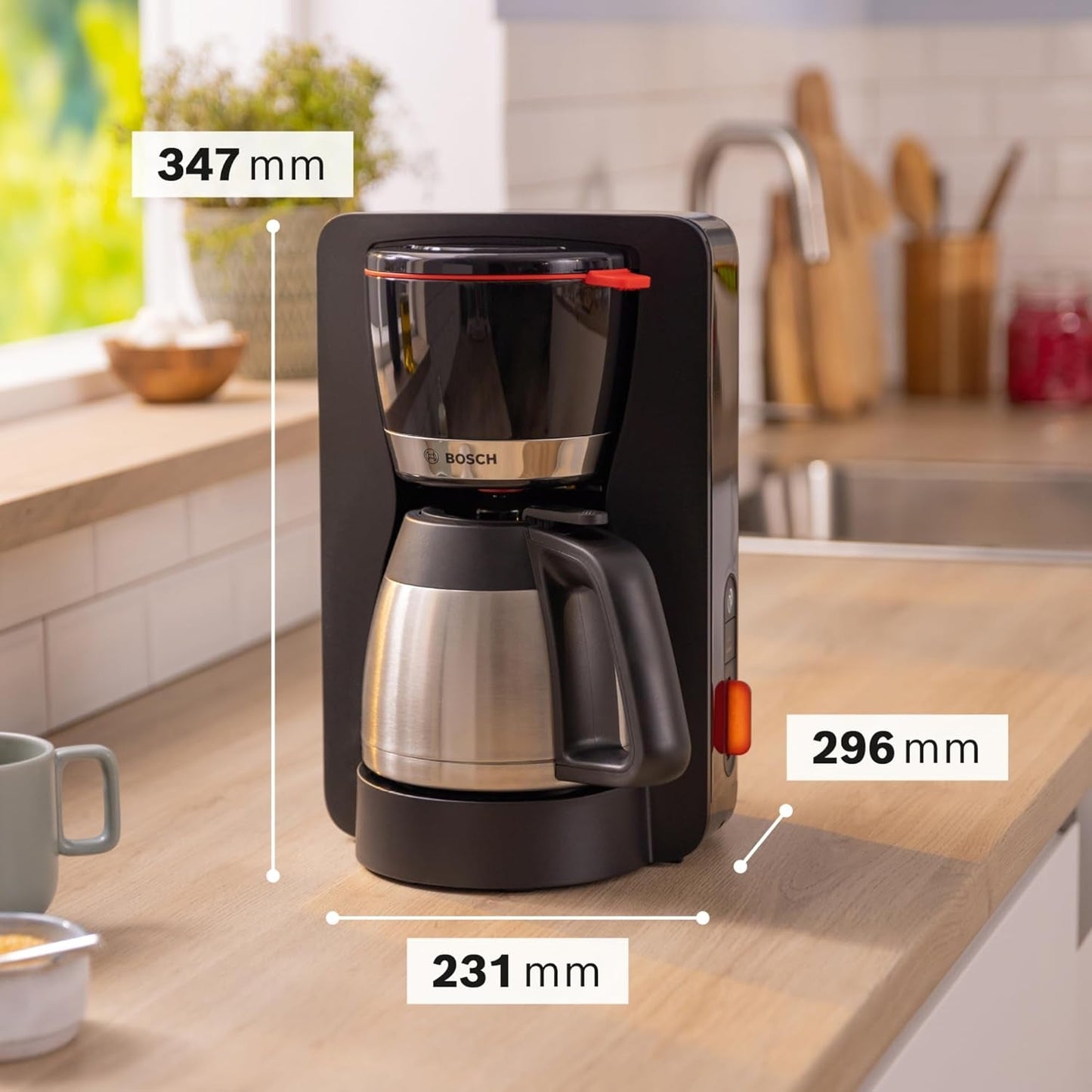 Bosch MyMoment TKA6M273 Ekspres do espresso z filtrem, karafka termiczna 1 l, 8–12 filiżanek, system zapobiegający kapaniu, obrotowy uchwyt filtra, program odkamieniania, wyjmowany zbiornik na wodę, 1200 W, czarny matowy