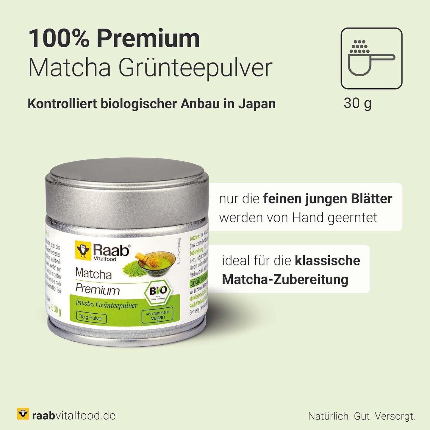 Raab Vitalfood® Premium Bio Matcha w proszku (30g) - Oryginalna z Japonii, czysta matcha w proszku bez dodatków, drobno zmielona, ​​o lekko gorzkim smaku, zielona herbata w proszku, wegańska, ceremonia herbaciana