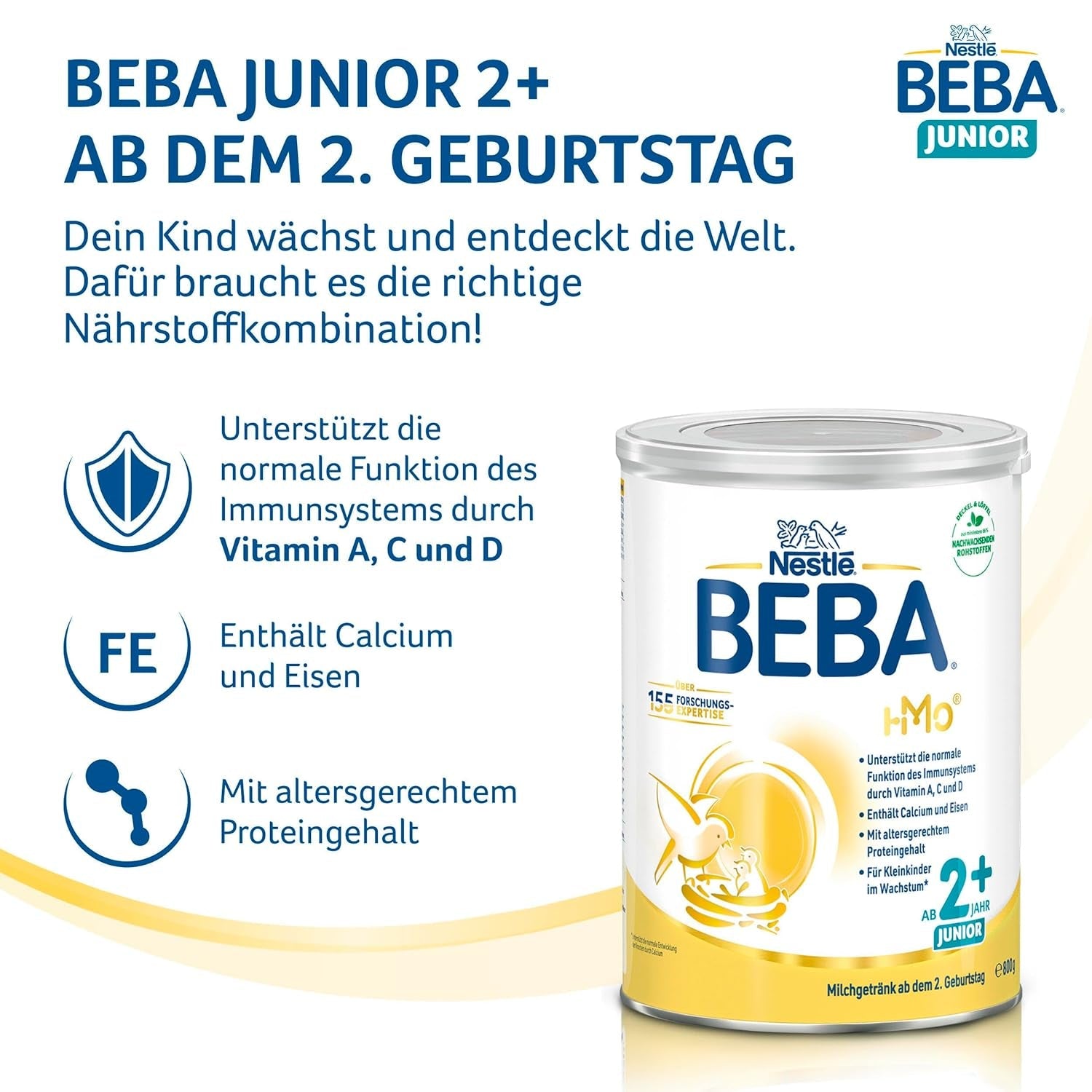 BEBA Junior 2+ napój mleczny od 2 lat, z HMO, zawartość białka dostosowana do wieku, tylko laktoza, bez oleju palmowego, bez oleju rybnego, pokarm dla małych dzieci, mleko w proszku dla dzieci, opakowanie 6 szt. (6 x 800 g)