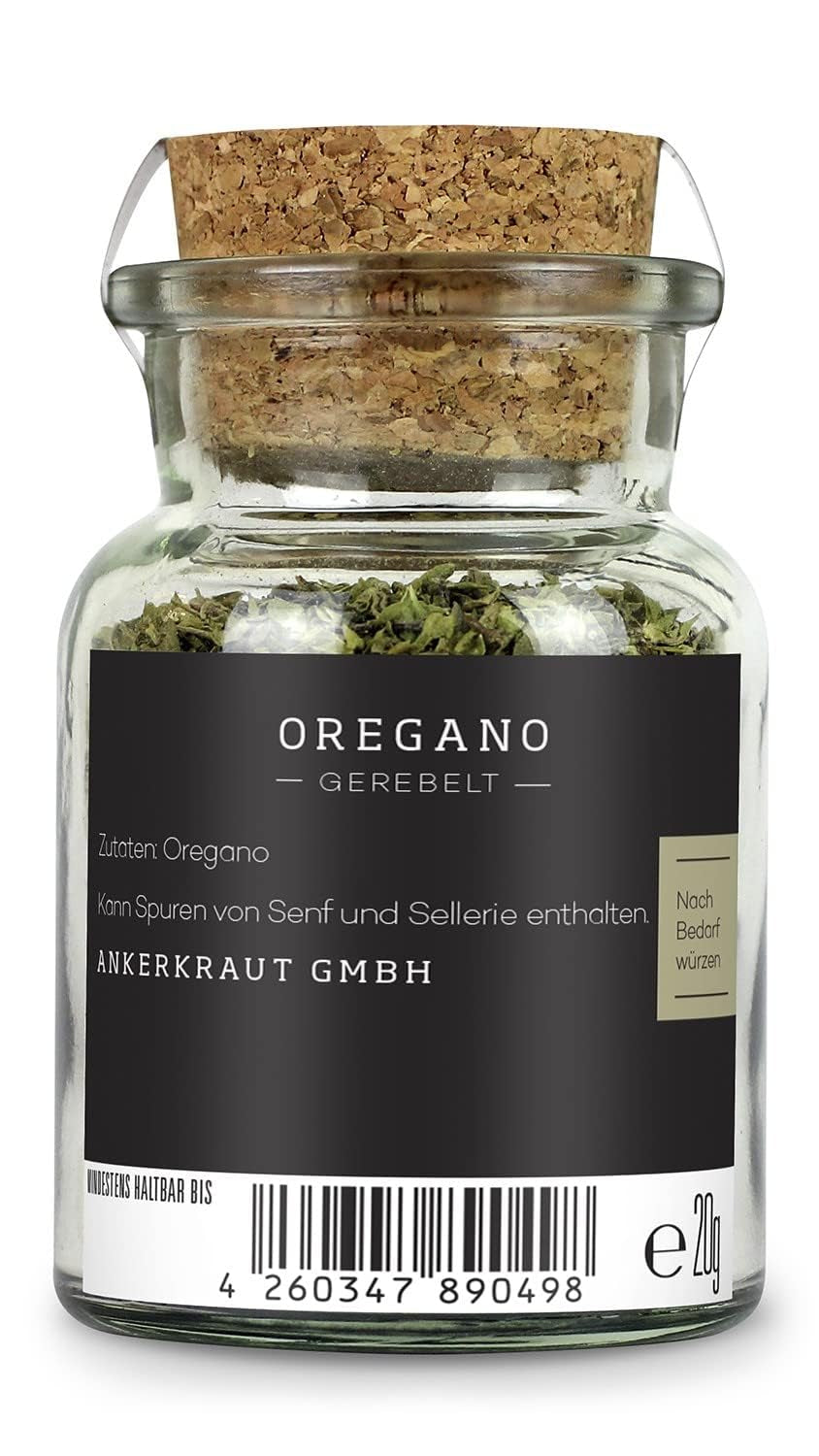 Ankerkraut Oregano Gewürz, suszony gerebelt, idealny do pizzy Zupa pomidorowa i rybna, Kräuter zum Würzen, śródziemnomorska Küche für zu Hause, Lecker Kochen, 20g w Korkenglas