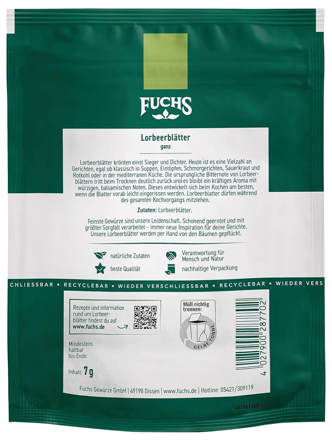 Fuchs - Liście laurowe w zamykanej torebce nadającej się do recyklingu - wykonane z naturalnych składników - 7 gramów Przyprawy Naty Shop