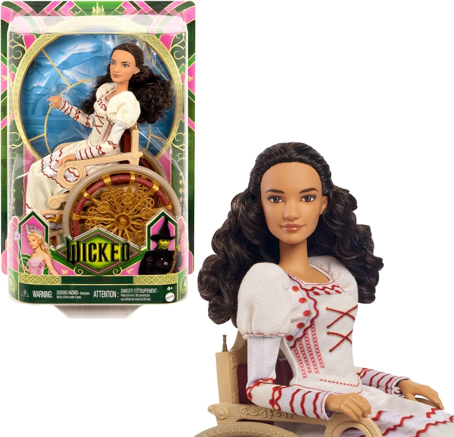 Mattel Wicked Nessarose Fashion Doll i akcesoria, w tym wózek inwalidzki, z kręconymi brązowymi włosami, różnymi pozami i odpinaną suknią balową, HXY36