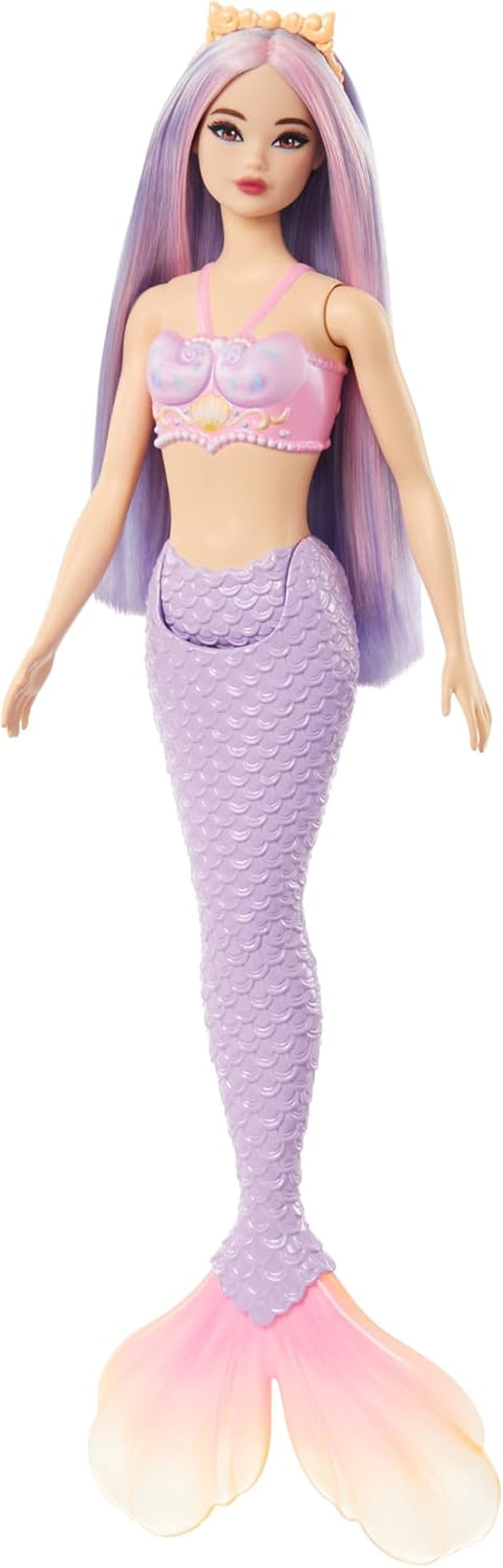 Lalka Barbie Syrenka z fantazyjnymi różowymi i liliowymi włosami i opaską na głowę, muszlowy top i lalka z lawendowo-niebieskim ogonem, lalki HRR06 Naty Shop