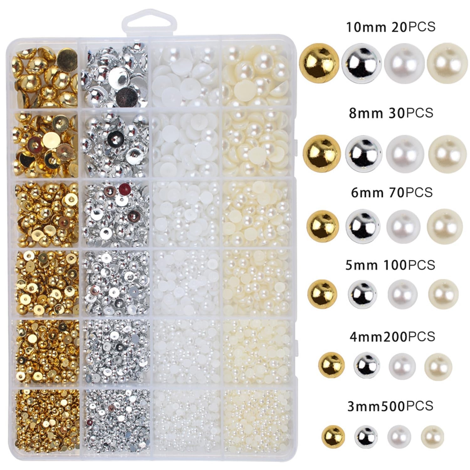 GZMAYUEN 920 szt. Złoto srebro Flatback Perlen Für Nägel, Halbrunde Weiße Beige Nail Perlen, Kleine Halbrunde Flatback Perlen Für DIY Nail Art Decor