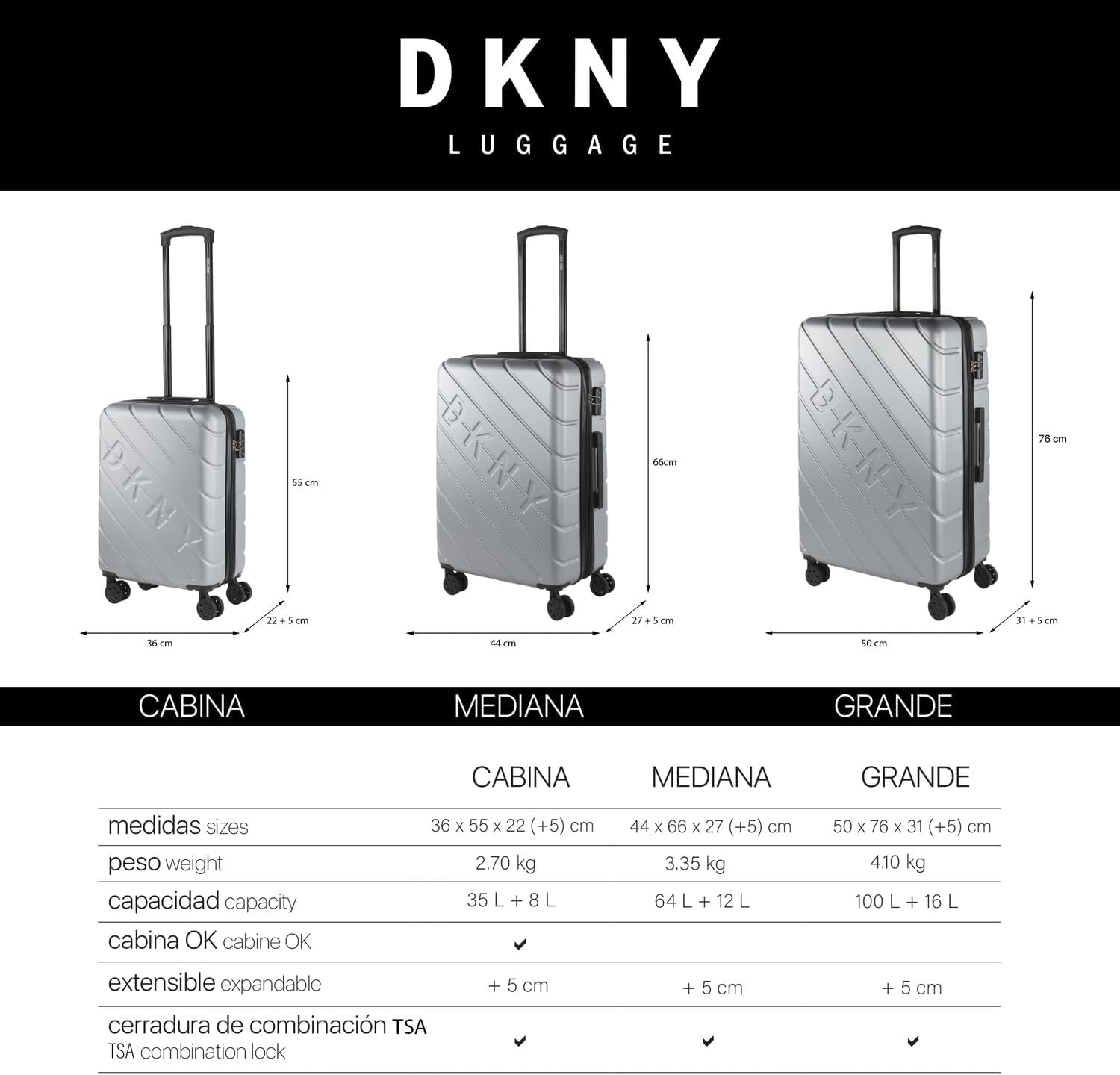 DKNY - Duża walizka na 4 kołach Duża, lekka walizka - Duża walizka podróżna na kółkach. Duża walizka podróżna samolotem Walizka podróżna z twardą skorupą i certyfikowanym zamknięciem - Duża walizka na kółkach Srebrna Walizki i sprzęt podróżny Naty Shop