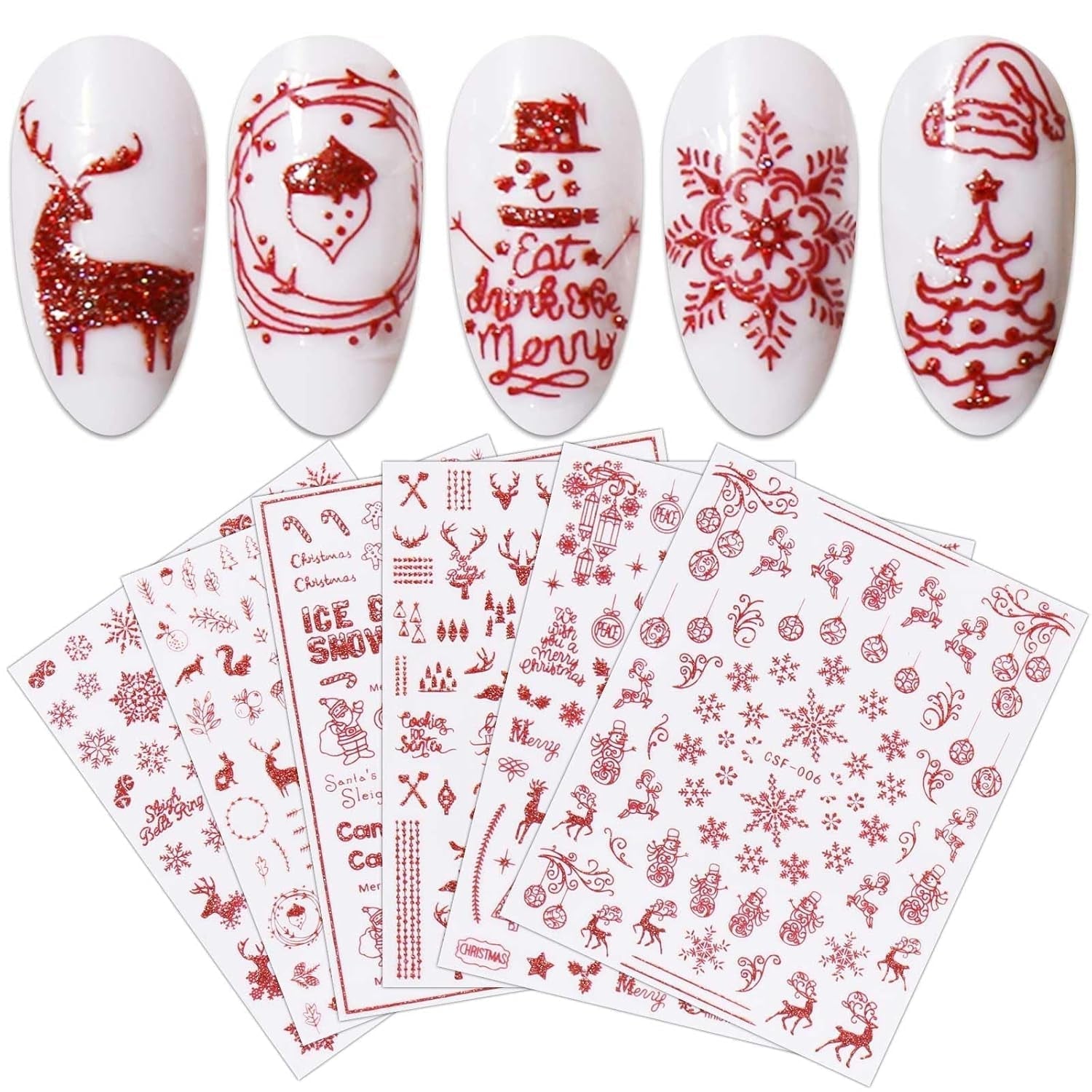 JMEOWIO Nagelsticker Weihnachten 9 Blatt Nail Art Naklejka Selbstklebend Nagelaufkleber Schneeflocke Schneemann Festival Weißes Gold Dekoration Nageldesign Zubehör