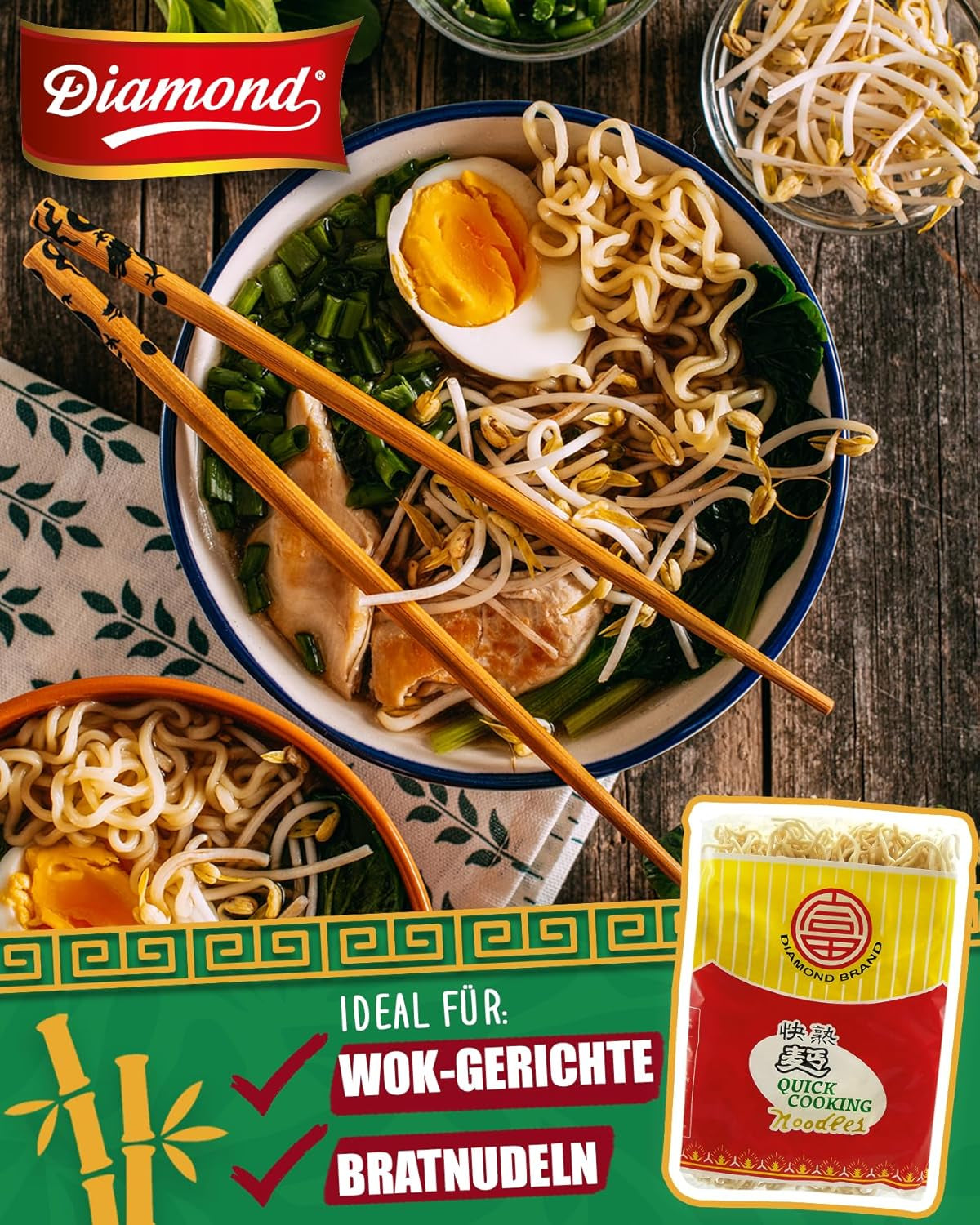 DIAMOND Makaron błyskawiczny bez jajek, makaron wok z mąki pszennej błyskawicznej i dodatki - 4 x 500g