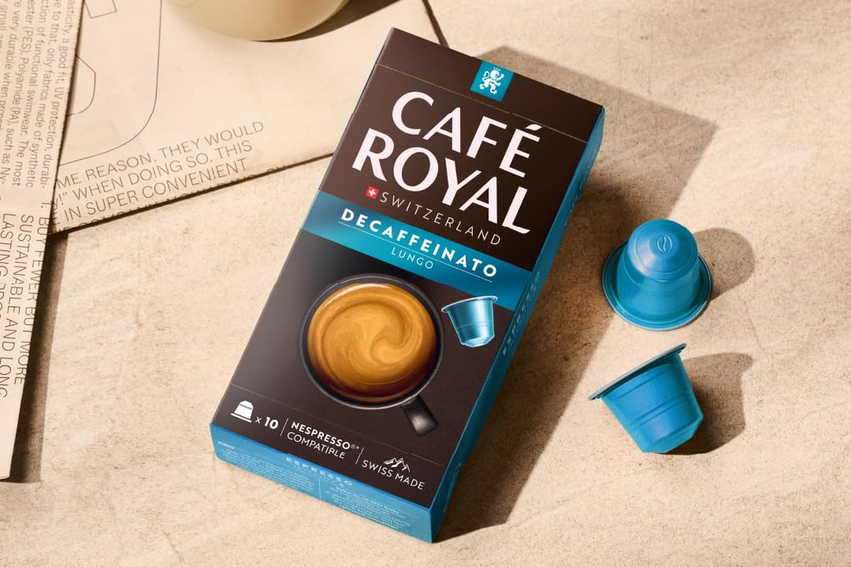 Café Royal Lungo Decaffeinato – kapsułki z kawą kompatybilną z Nespresso®, 100% Arabica, Intensität 5/12, Rainforest Alliance, bezkofeinowa, 100 kapsułek