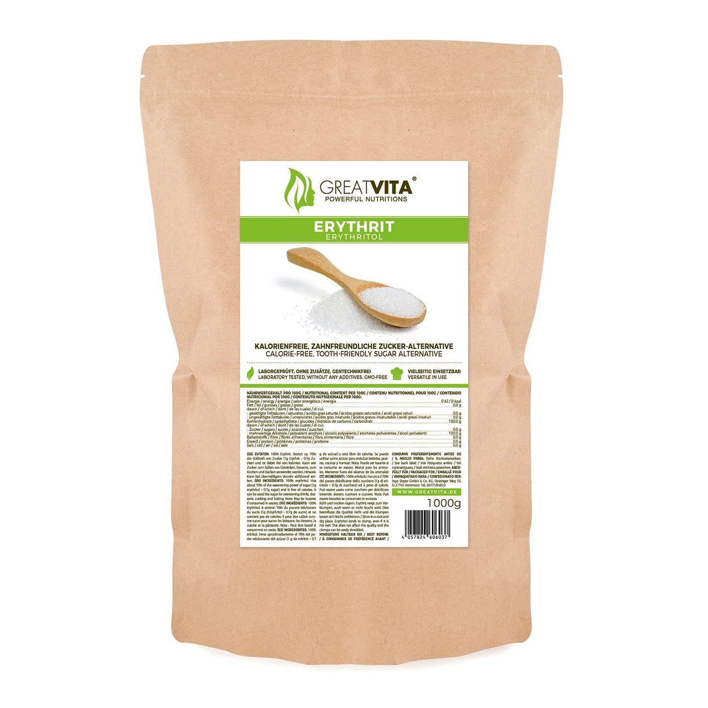 Greatvita Erytrytol 1000 G | Kalorienfreie Süßungsmittel & Zucker-Alternatywa | Zahnfreundlich, Gut Löslich i Glutenfrei | Ideal Für Getränke, Desery i słodziki Naty Shop 1 Kg (opakowanie 1Er)