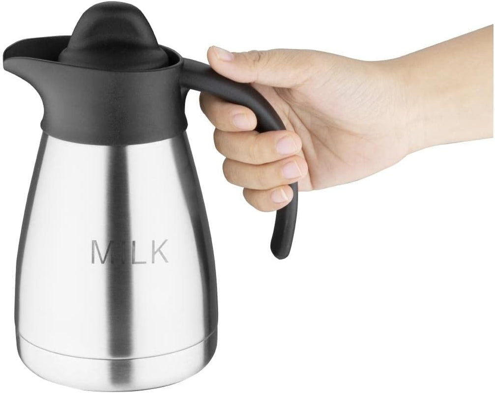 Kubek próżniowy do mleka Olympia z zakrętką, 500 ml/17 uncji, stal nierdzewna z czarną pokrywką, nadruk mleka z boku, stacje bufetowe na kawę i herbatę, CL371