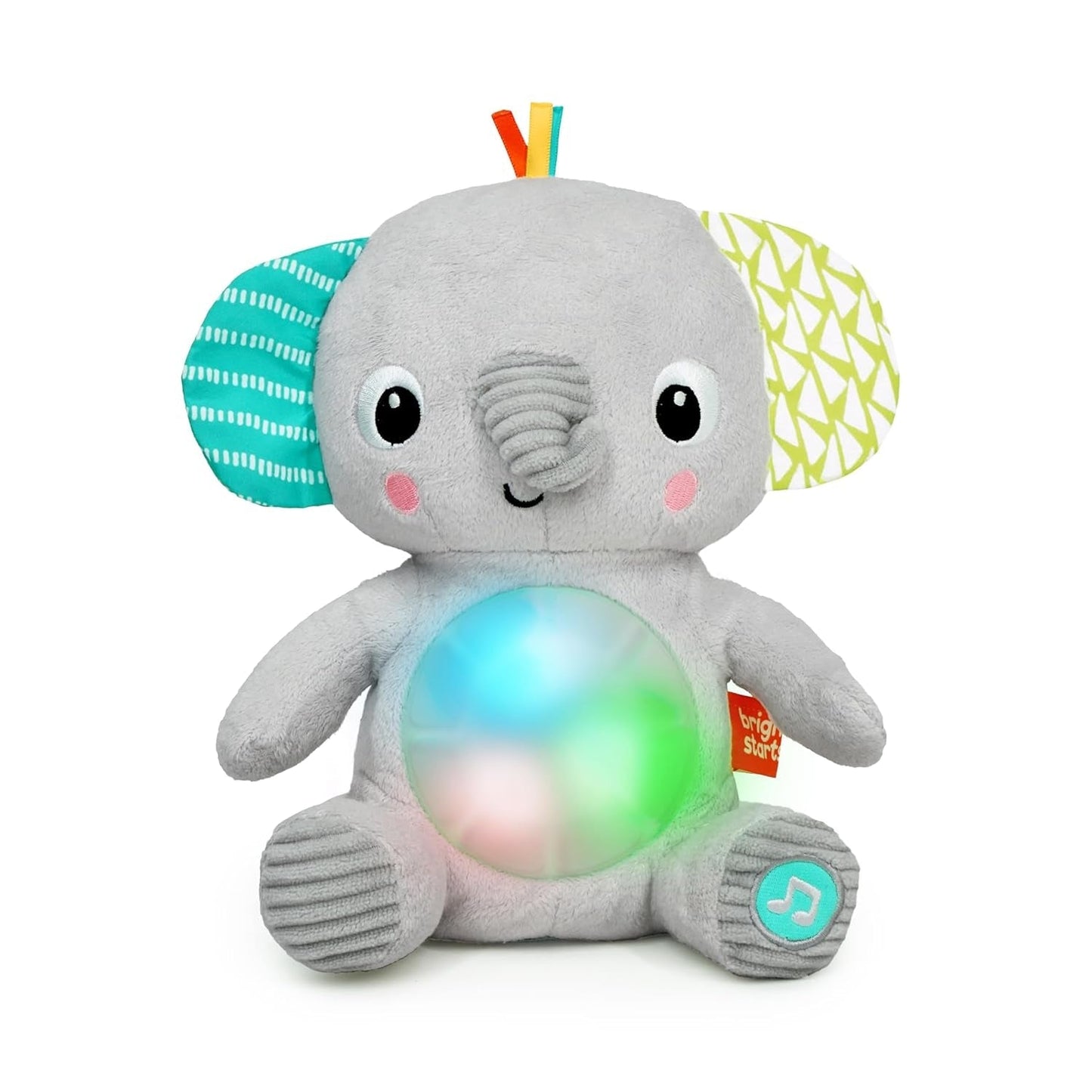 Bright Starts, słoniątkowa zabawka do przytulania ze światełkami, piosenkami, różnymi teksturami i nie tylko, wielokolorowy tytuł Bebe Toys Naty Shop
