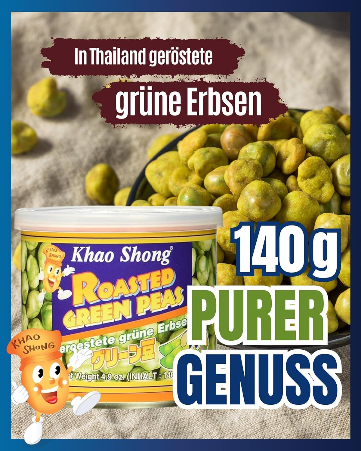 Khao Shong Smażony zielony groszek z wasabi, chrupiący groszek w pikantnej panierce, niskotłuszczowa alternatywa dla orzechów, średnio ostry, puszka 1 140 g | 140 g (1 opakowanie)